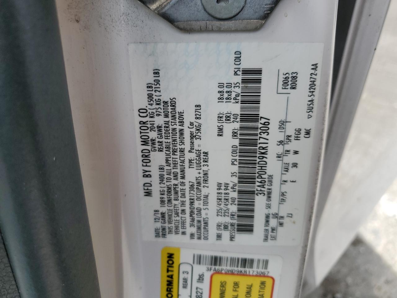 2019 Ford Fusion Se VIN: 3FA6P0HD9KR173067 Lot: 74174904