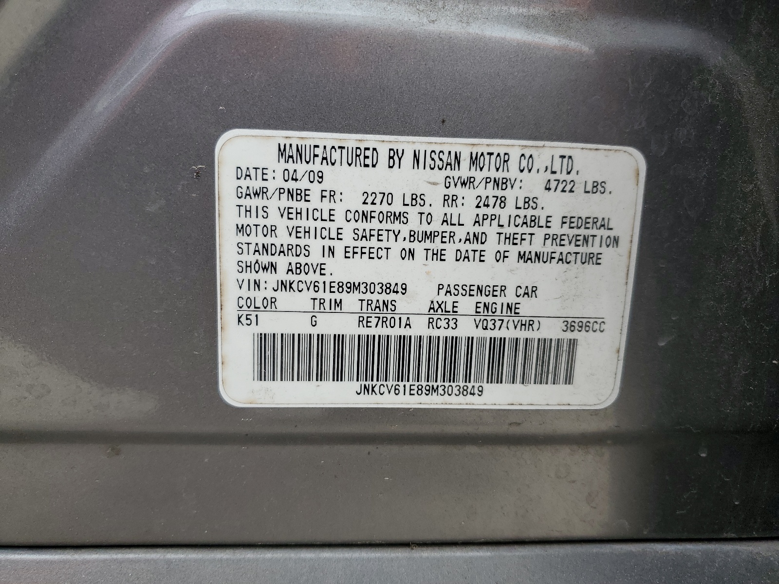 JNKCV61E89M303849 2009 Infiniti G37 Base