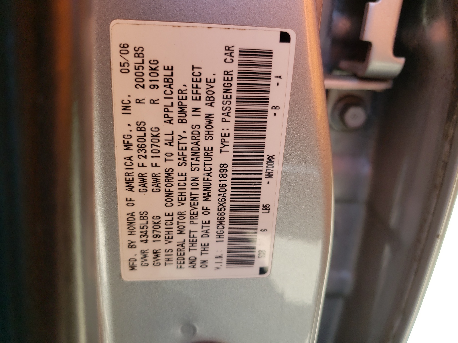 1HGCM665X6A061898 2006 Honda Accord Ex