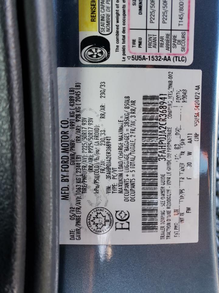 2012 Ford Fusion Sel VIN: 3FAHP0JA2CR368941 Lot: 47598424