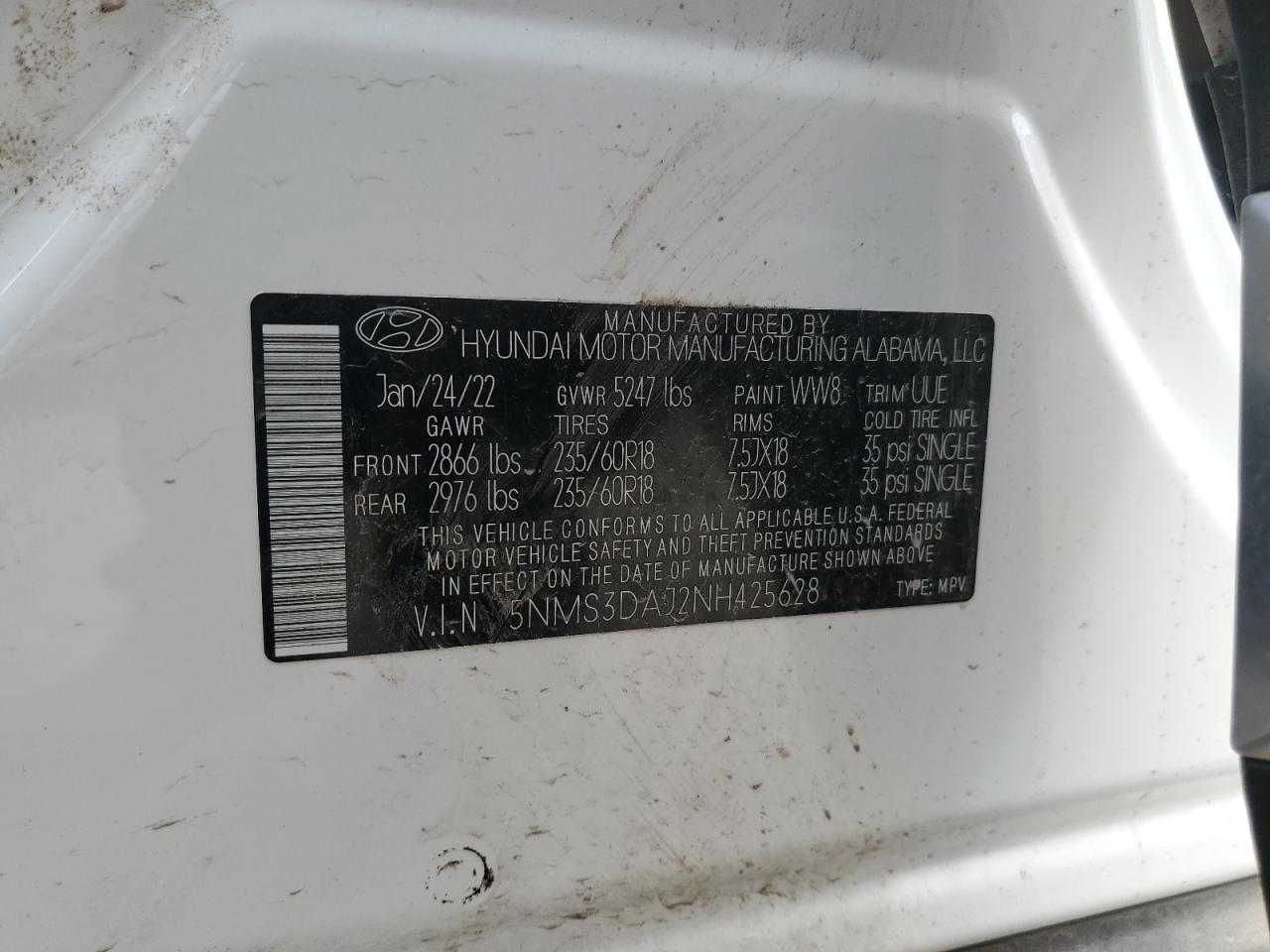 5NMS3DAJ2NH425628 2022 Hyundai Santa Fe Sel