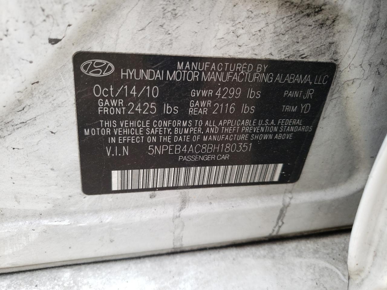 5NPEB4AC8BH180351 2011 Hyundai Sonata Gls