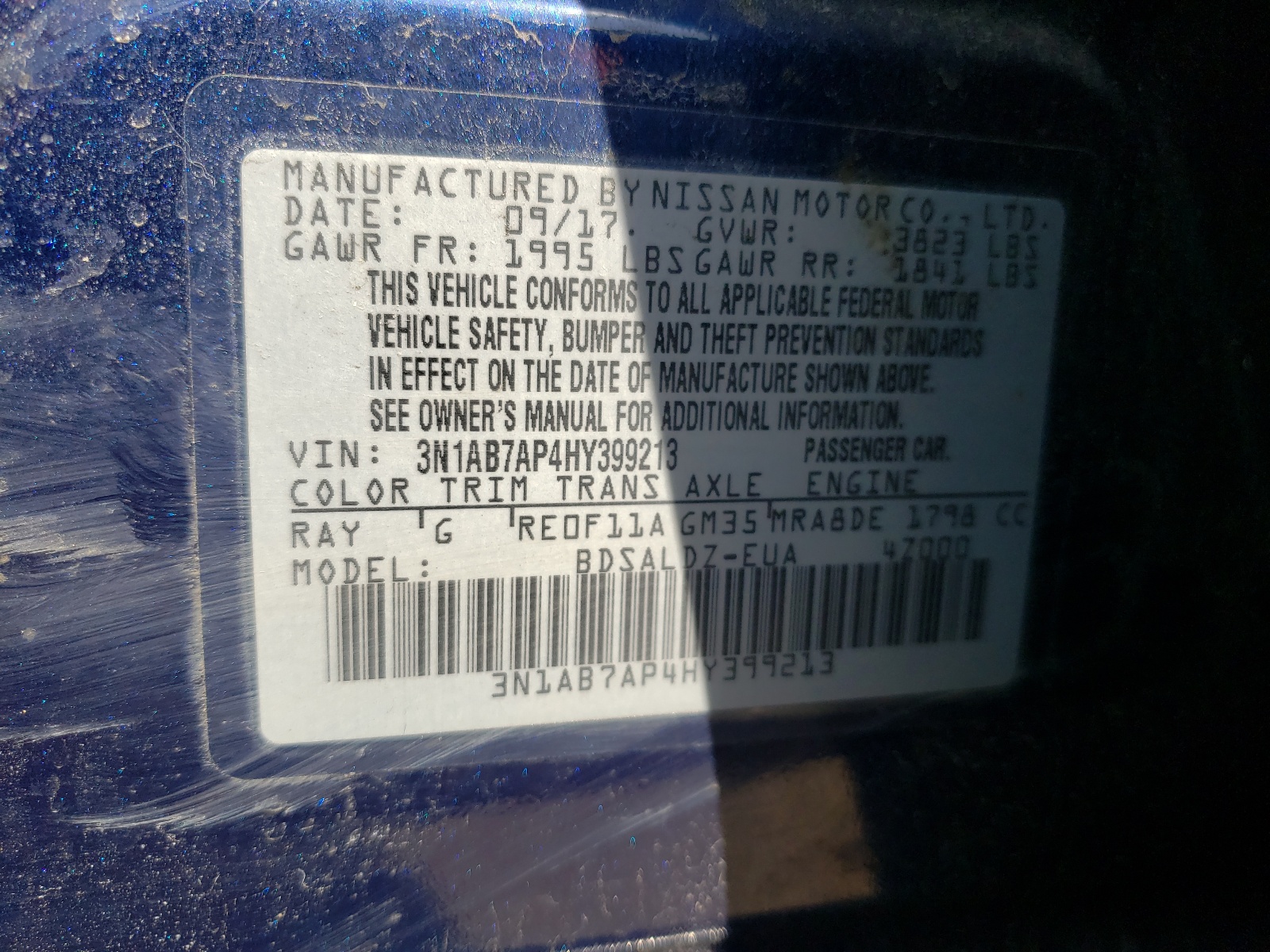 3N1AB7AP4HY399213 2017 Nissan Sentra S