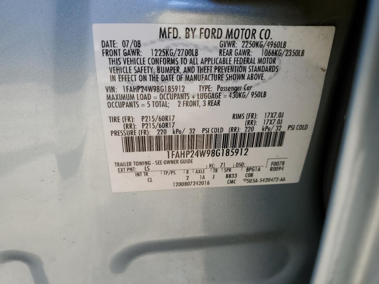 1FAHP24W98G185912 2008 Ford Taurus Sel