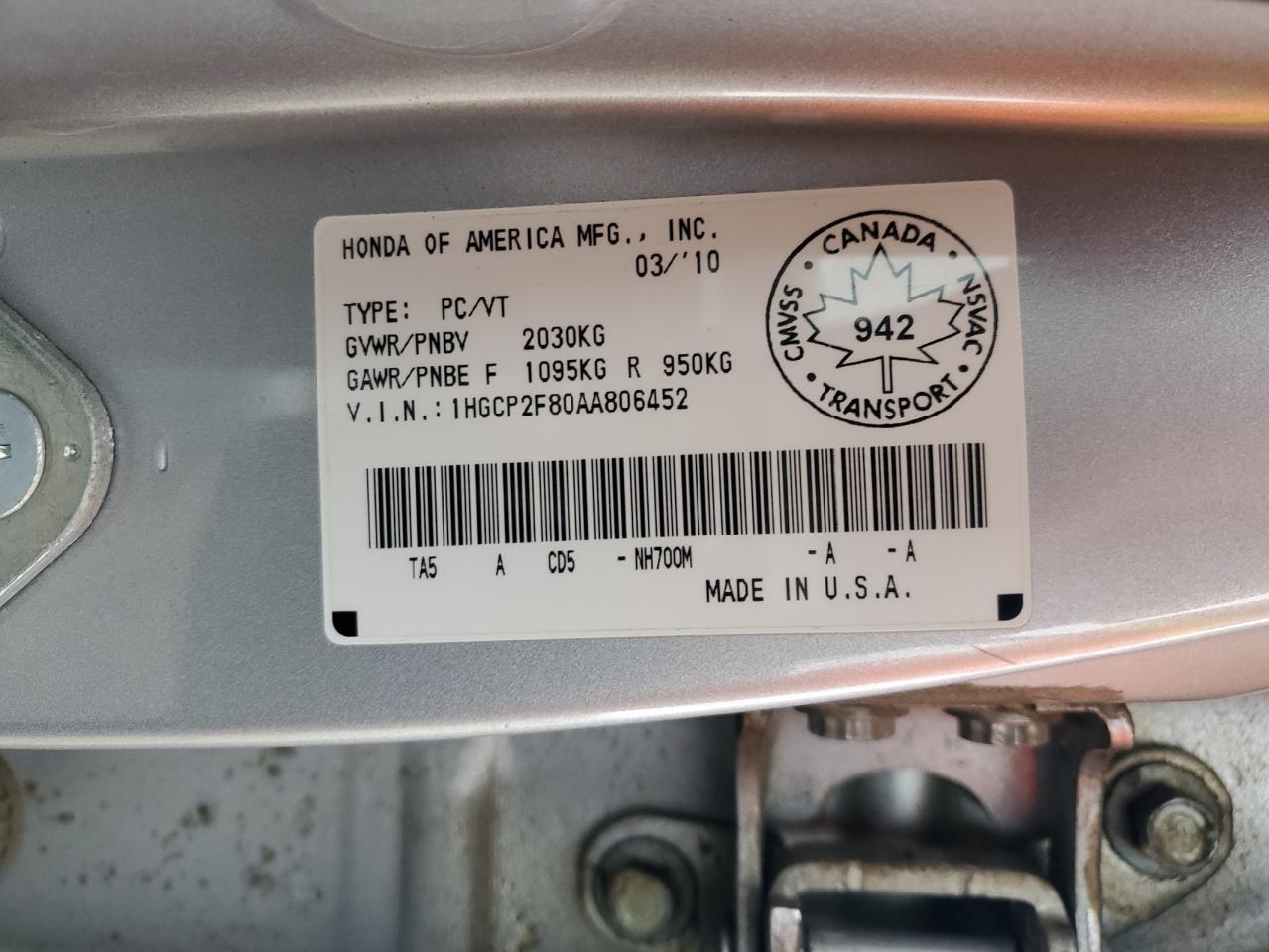 1HGCP2F80AA806452 2010 Honda Accord Exl