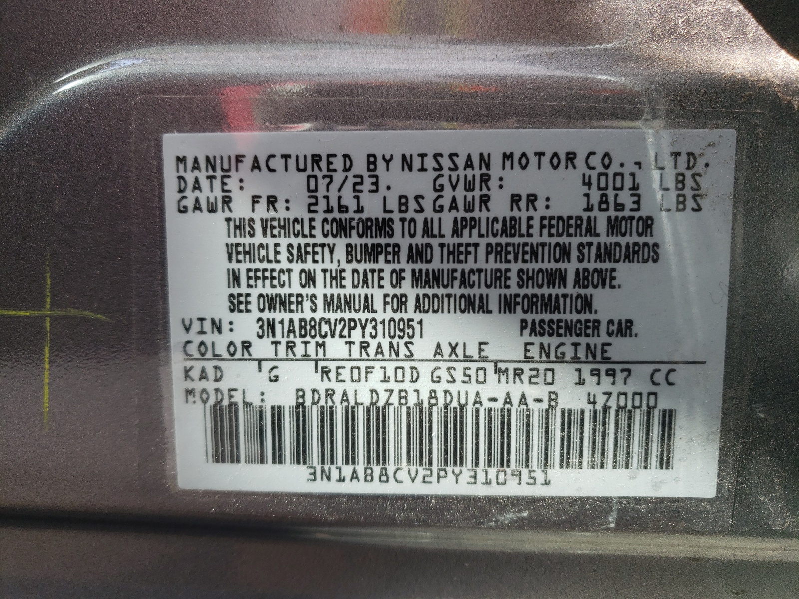 3N1AB8CV2PY310951 2023 Nissan Sentra Sv