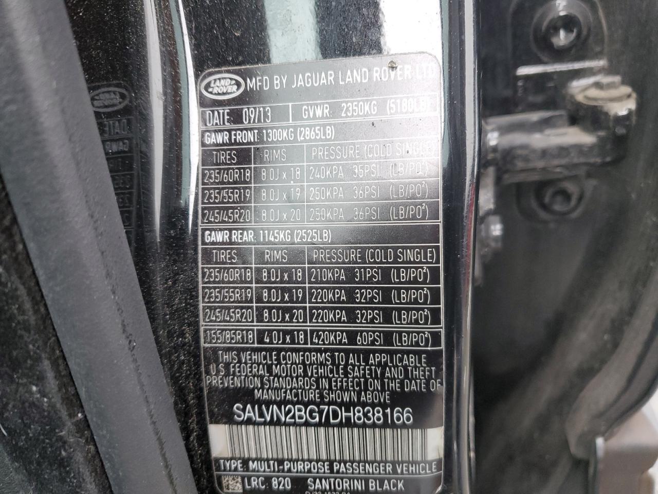 2013 Land Rover Range Rover Evoque Pure VIN: SALVN2BG7DH838166 Lot: 49366494