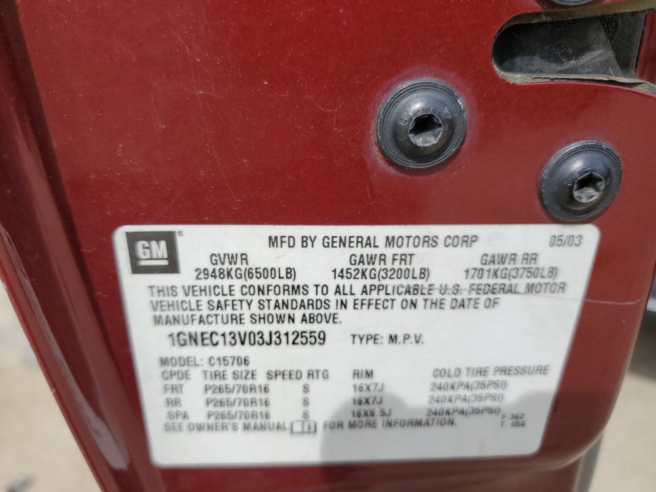 2003 Chevrolet Tahoe C1500 VIN: 1GNEC13V03J312559 Lot: 52141144