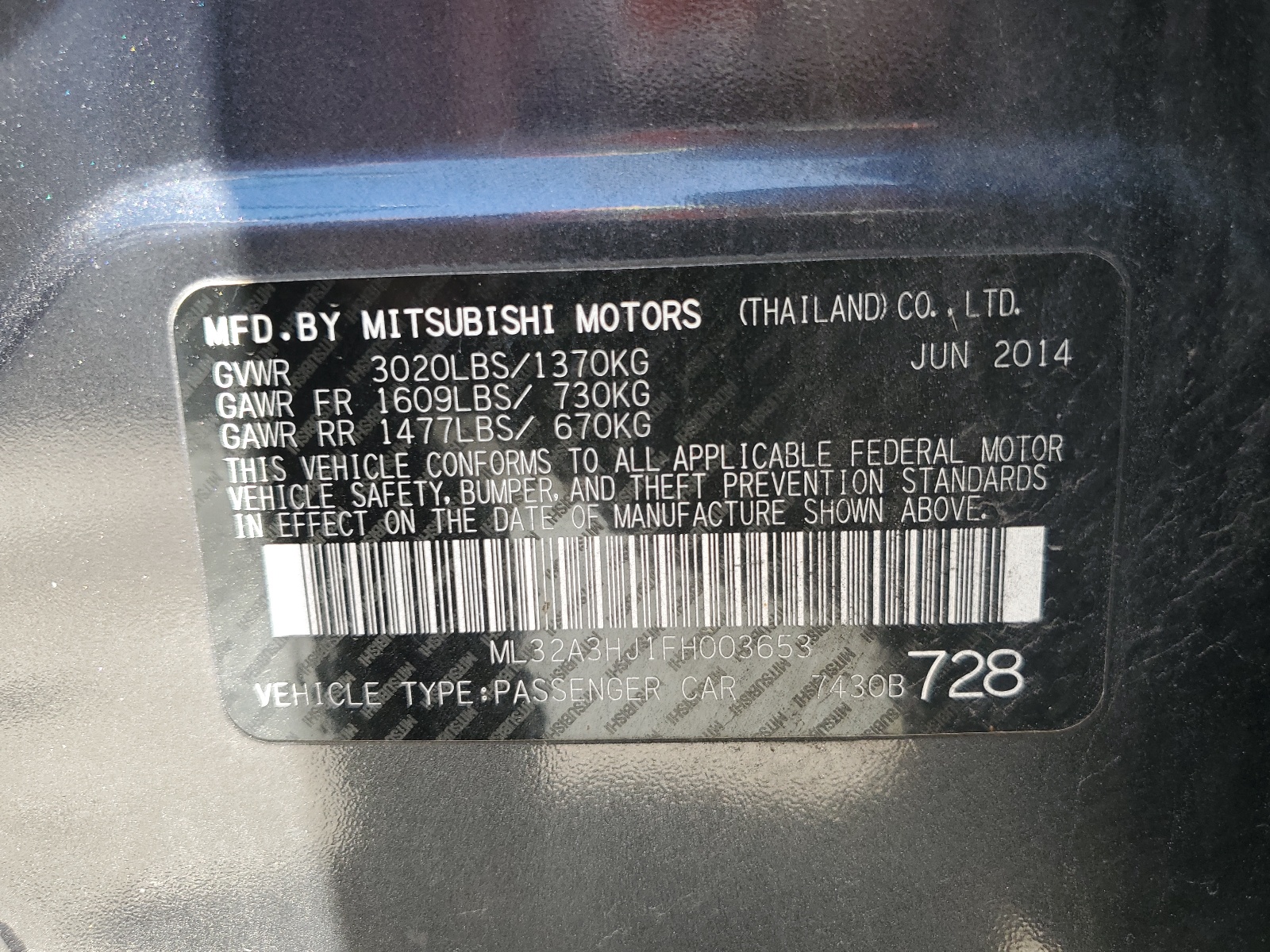 ML32A3HJ1FH003653 2015 Mitsubishi Mirage De