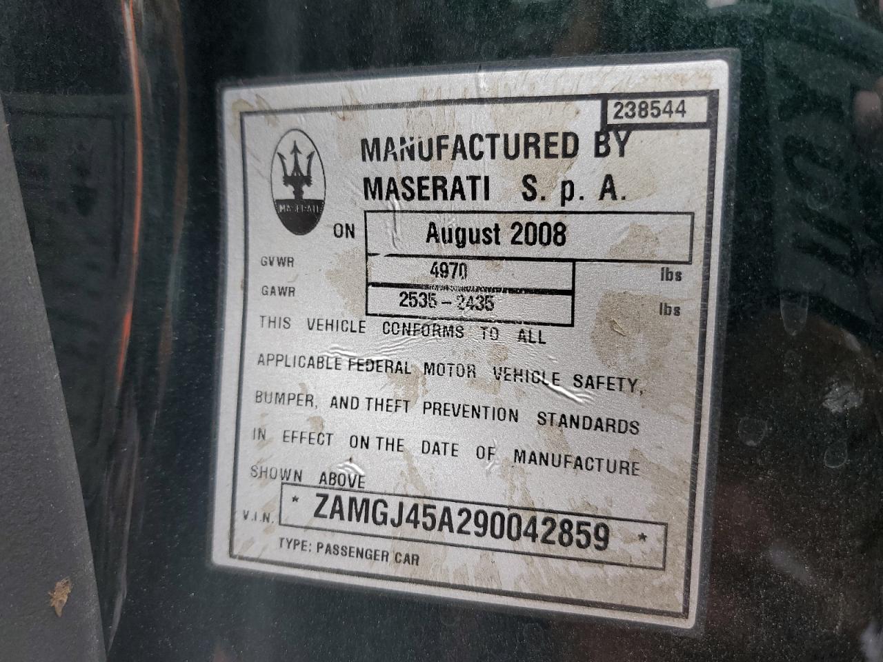 2009 Maserati Granturismo VIN: ZAMGJ45A290042859 Lot: 50303994