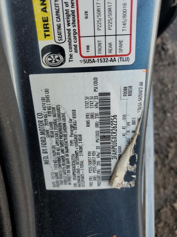 2012 Ford Fusion Sel VIN: 3FAHP0JGXCR262256 Lot: 50128984