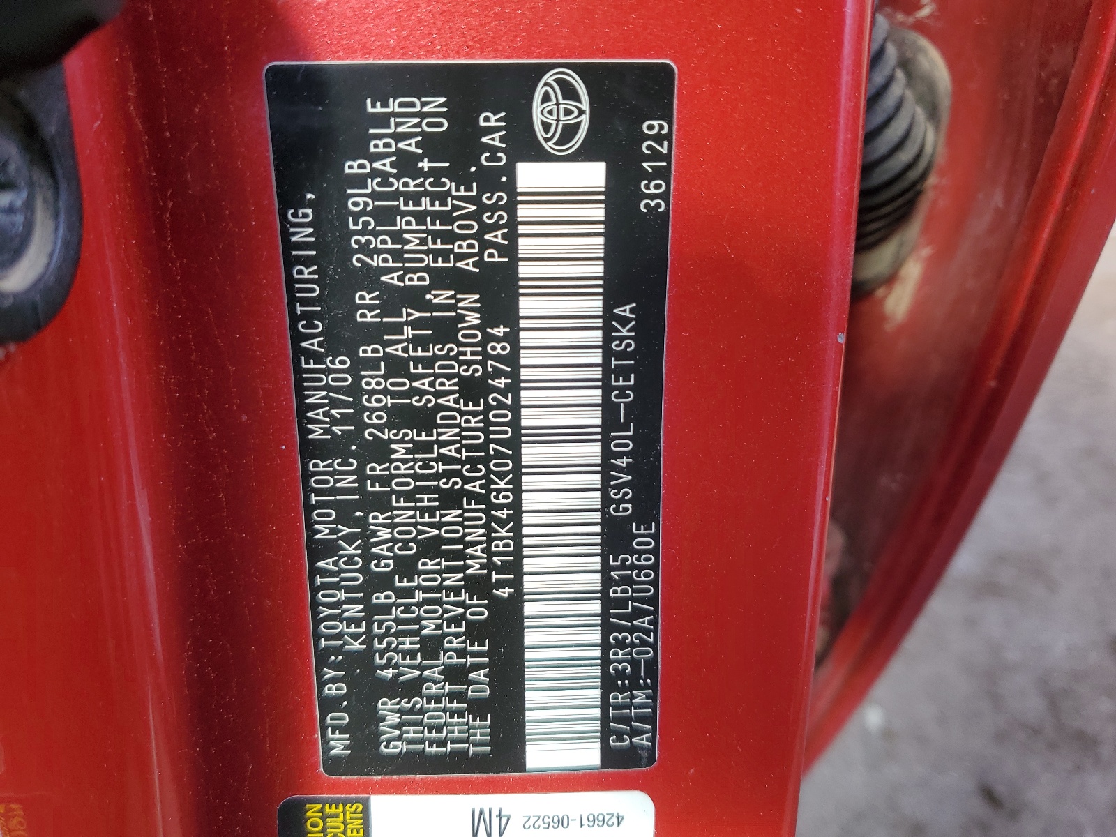 4T1BK46K07U024784 2007 Toyota Camry Le