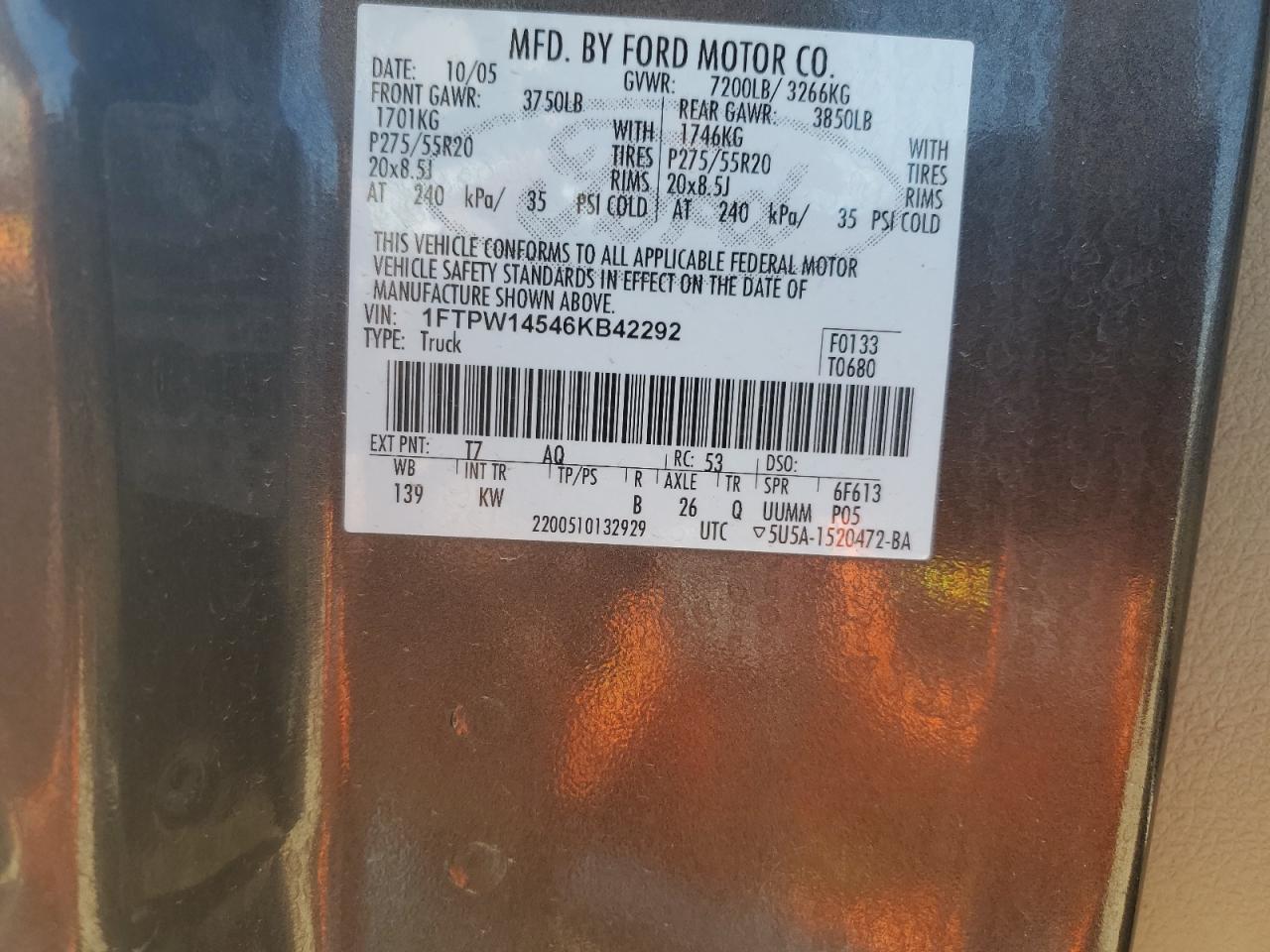 2006 Ford F150 Supercrew VIN: 1FTPW14546KB42292 Lot: 50626624