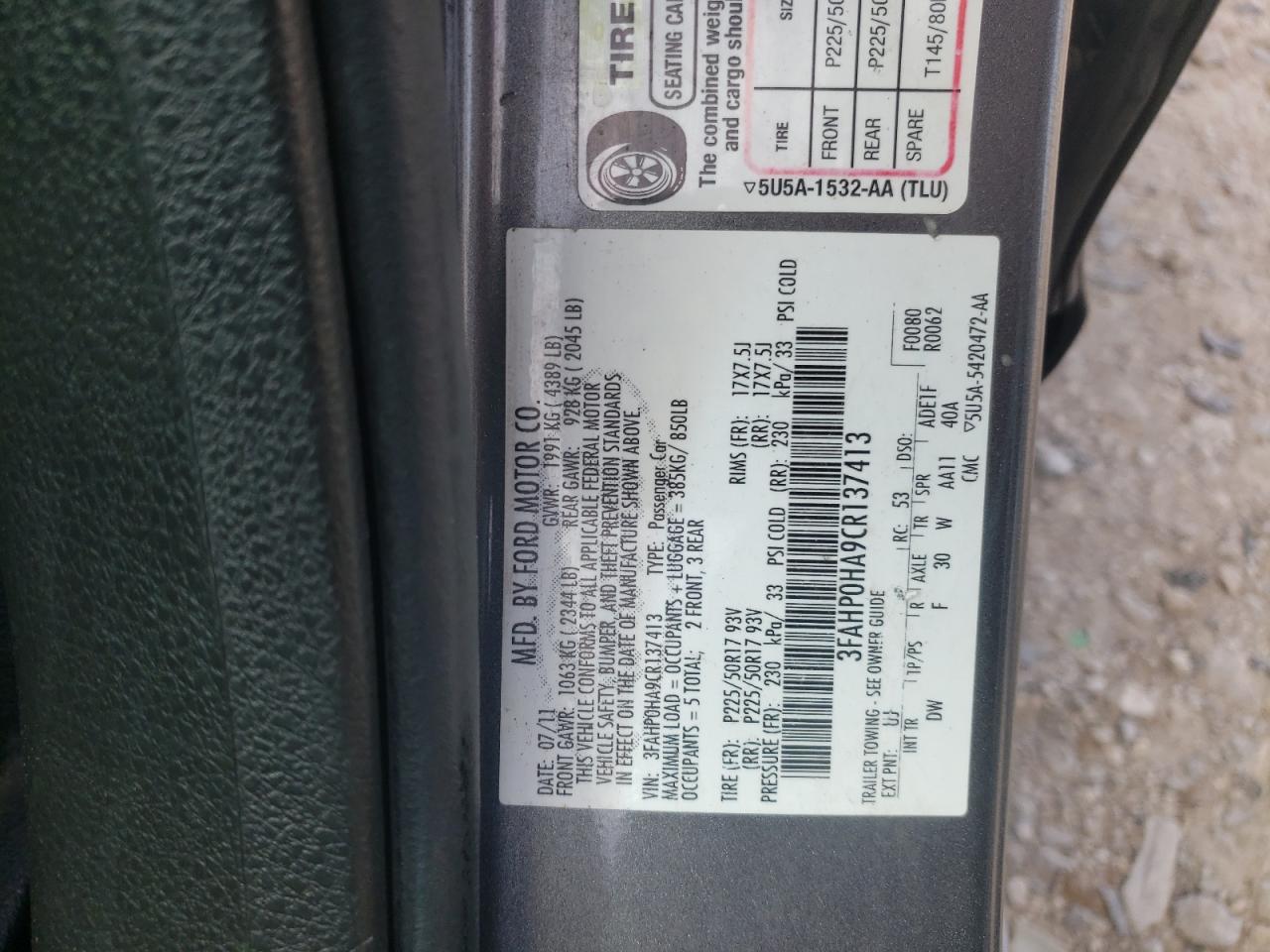 2012 Ford Fusion Se VIN: 3FAHP0HA9CR137413 Lot: 51797274