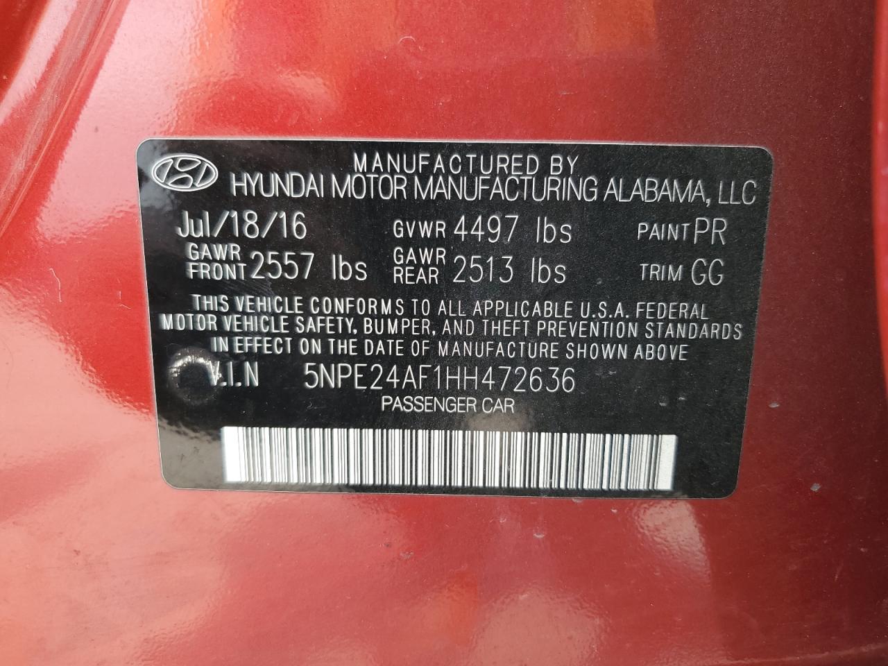 2017 Hyundai Sonata Se VIN: 5NPE24AF1HH472636 Lot: 53021974