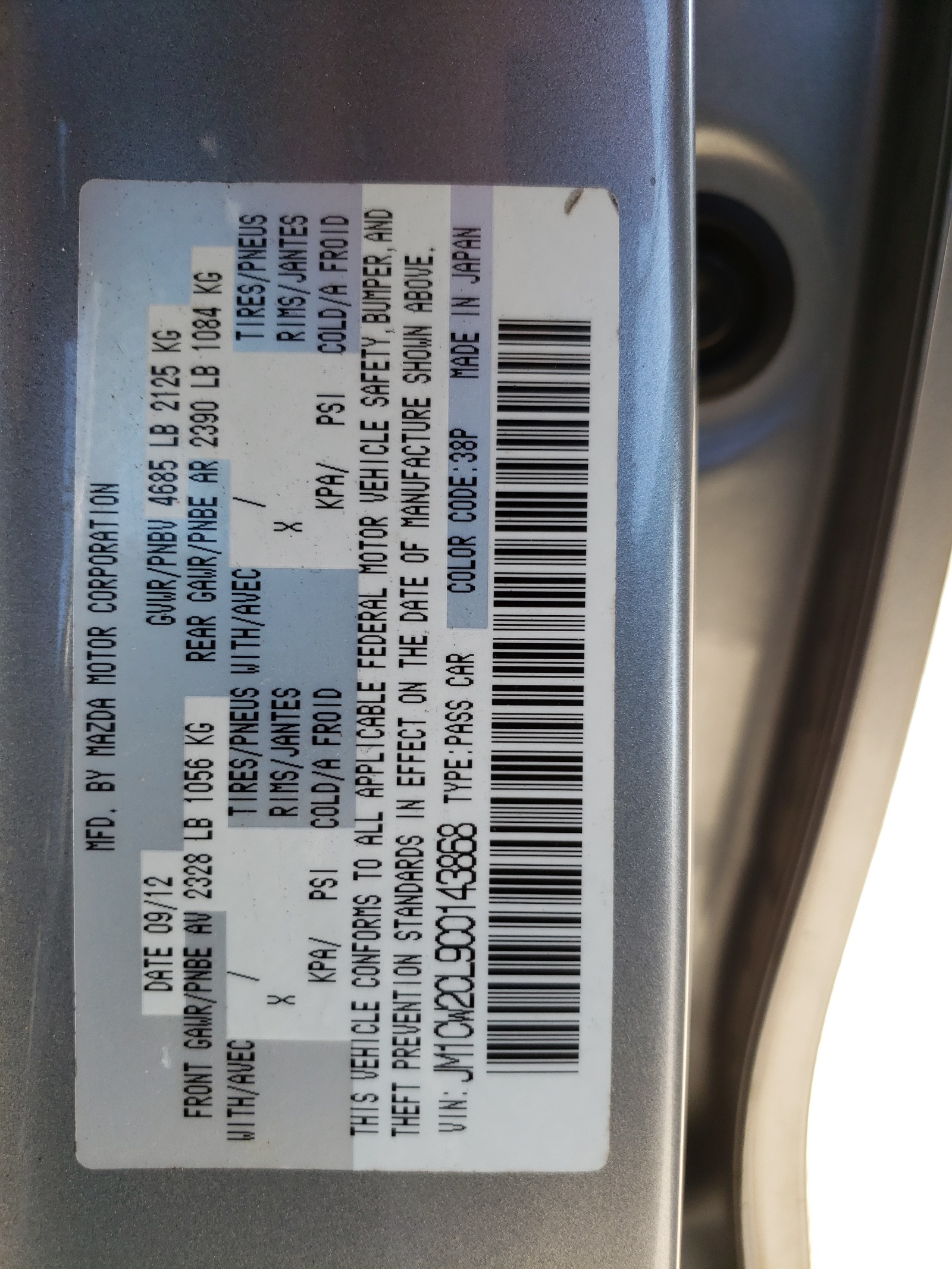 JM1CW2CL9C0143868 2012 Mazda 5