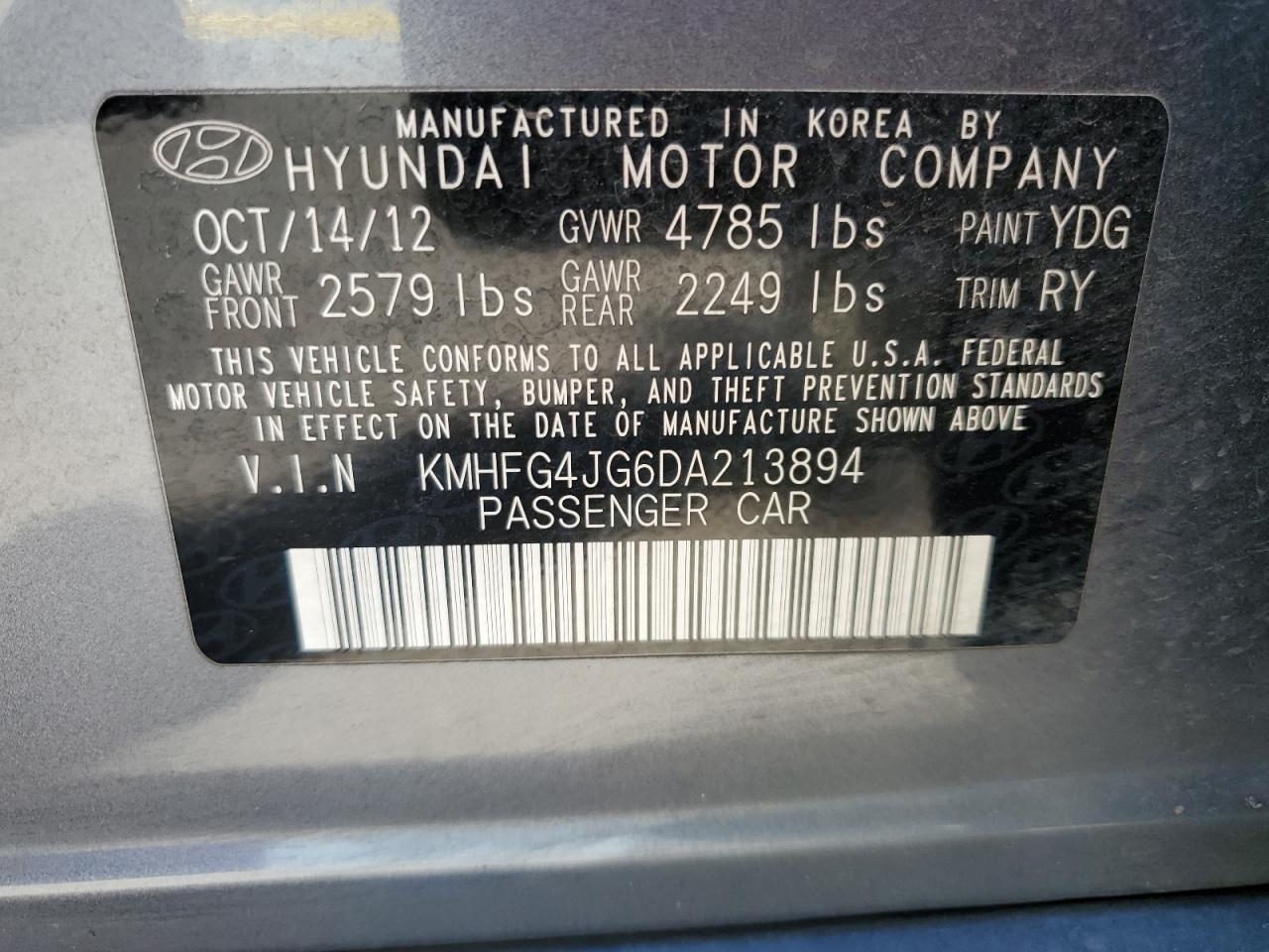 2013 Hyundai Azera VIN: KMHFG4JG6DA213894 Lot: 51985624