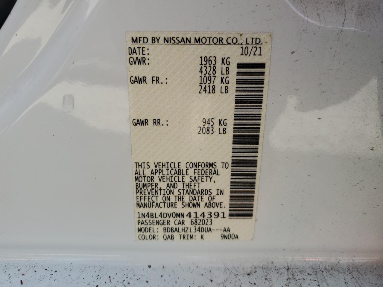 2021 Nissan Altima Sv VIN: 1N4BL4DV0MN414391 Lot: 51468814