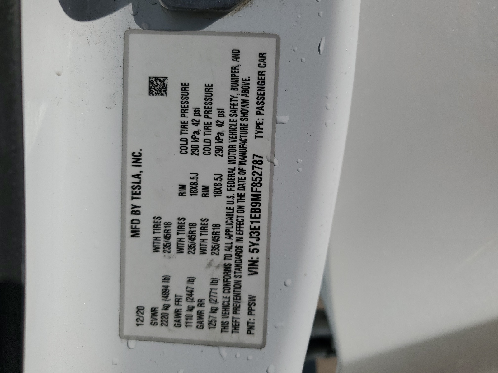 5YJ3E1EB9MF852787 2021 Tesla Model 3