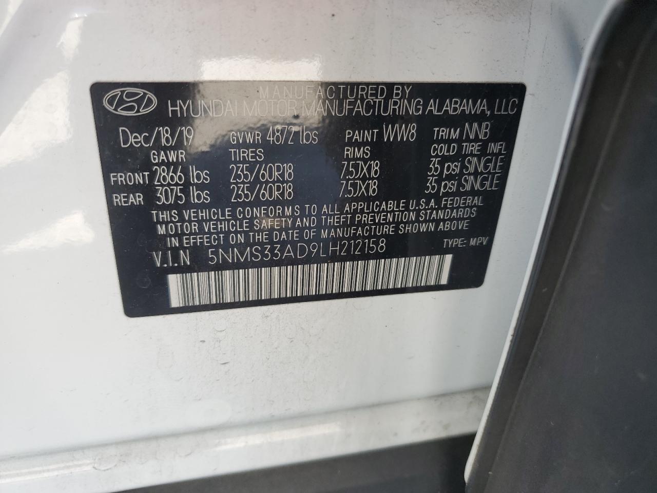 2020 Hyundai Santa Fe Sel VIN: 5NMS33AD9LH212158 Lot: 51870994