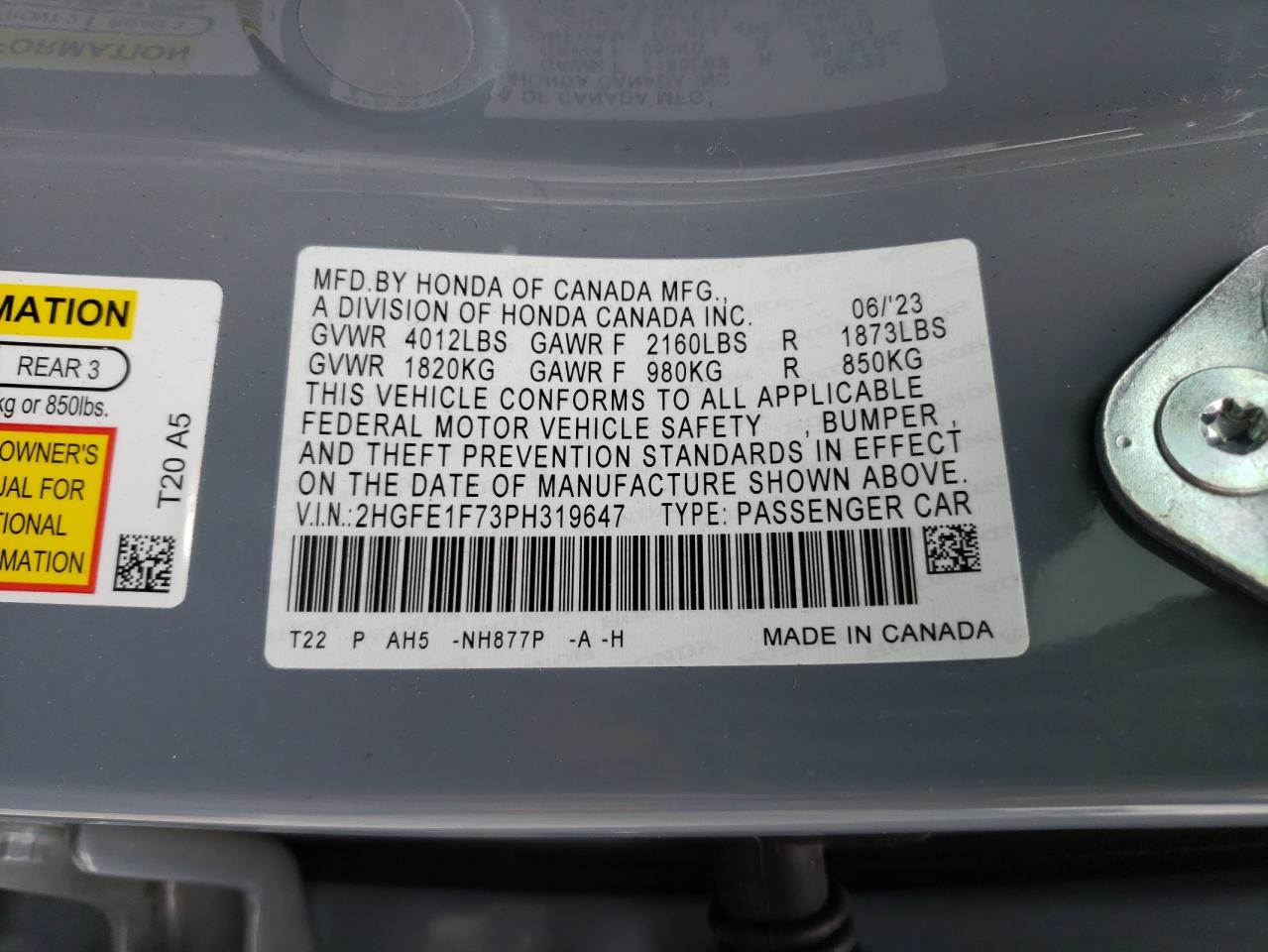 2HGFE1F73PH319647 2023 Honda Civic Ex