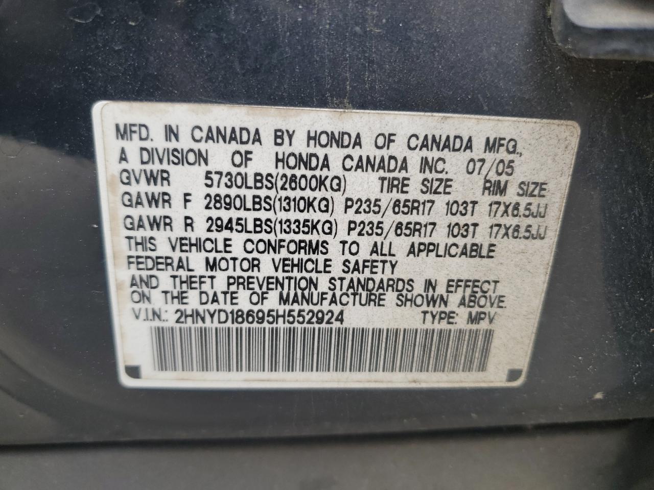 2005 Acura Mdx Touring VIN: 2HNYD18695H552924 Lot: 53043754