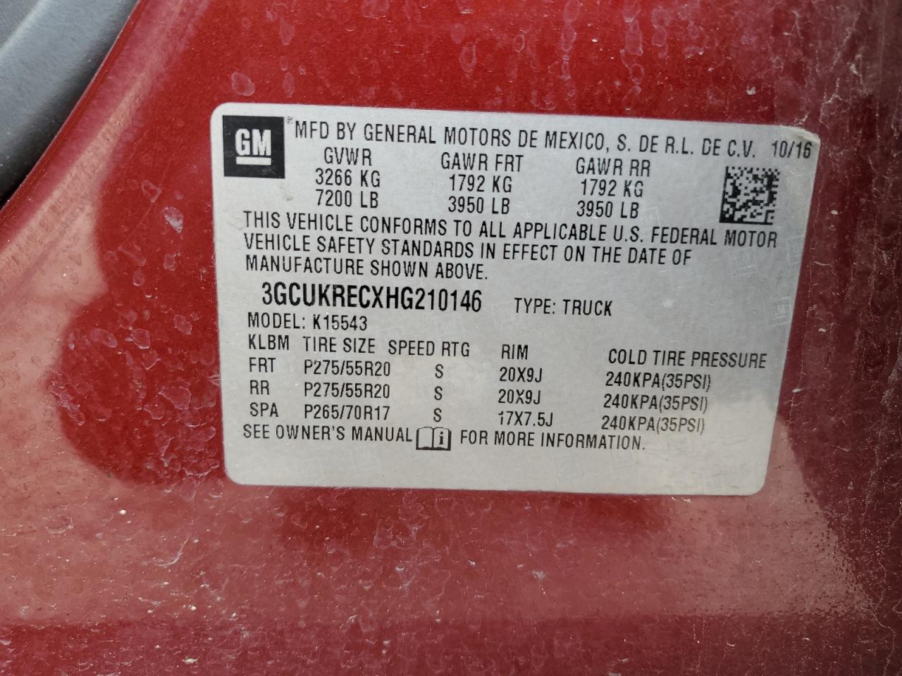 2017 Chevrolet Silverado K1500 Lt VIN: 3GCUKRECXHG210146 Lot: 50054144