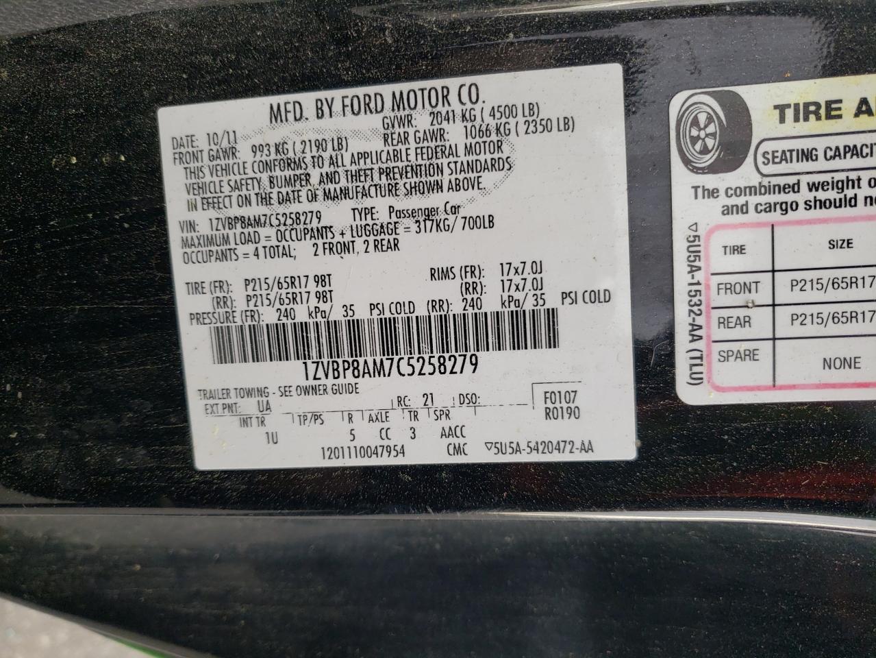 2012 Ford Mustang VIN: 1ZVBP8AM7C5258279 Lot: 49672014