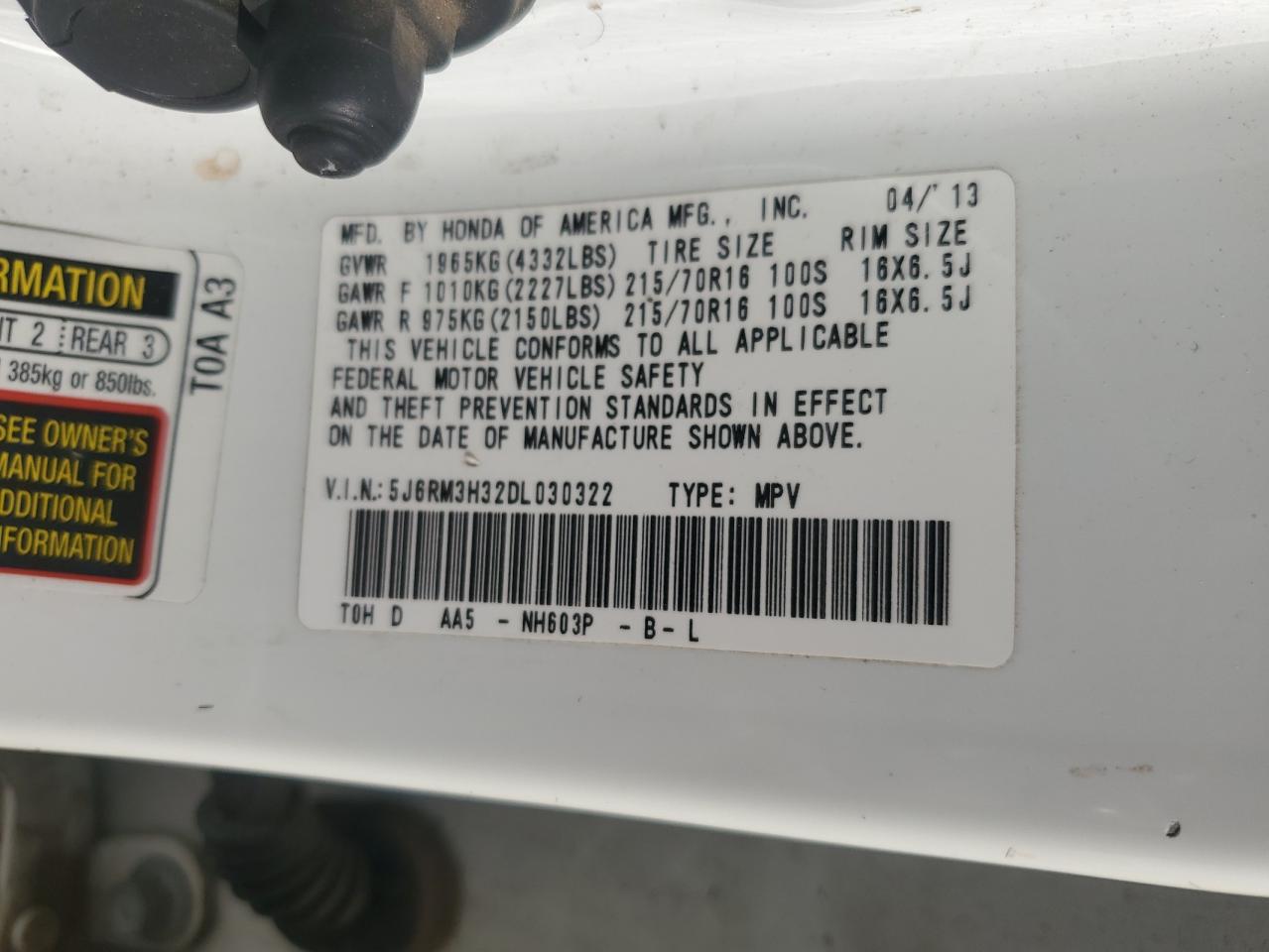 2013 Honda Cr-V Lx VIN: 5J6RM3H32DL030322 Lot: 52154464