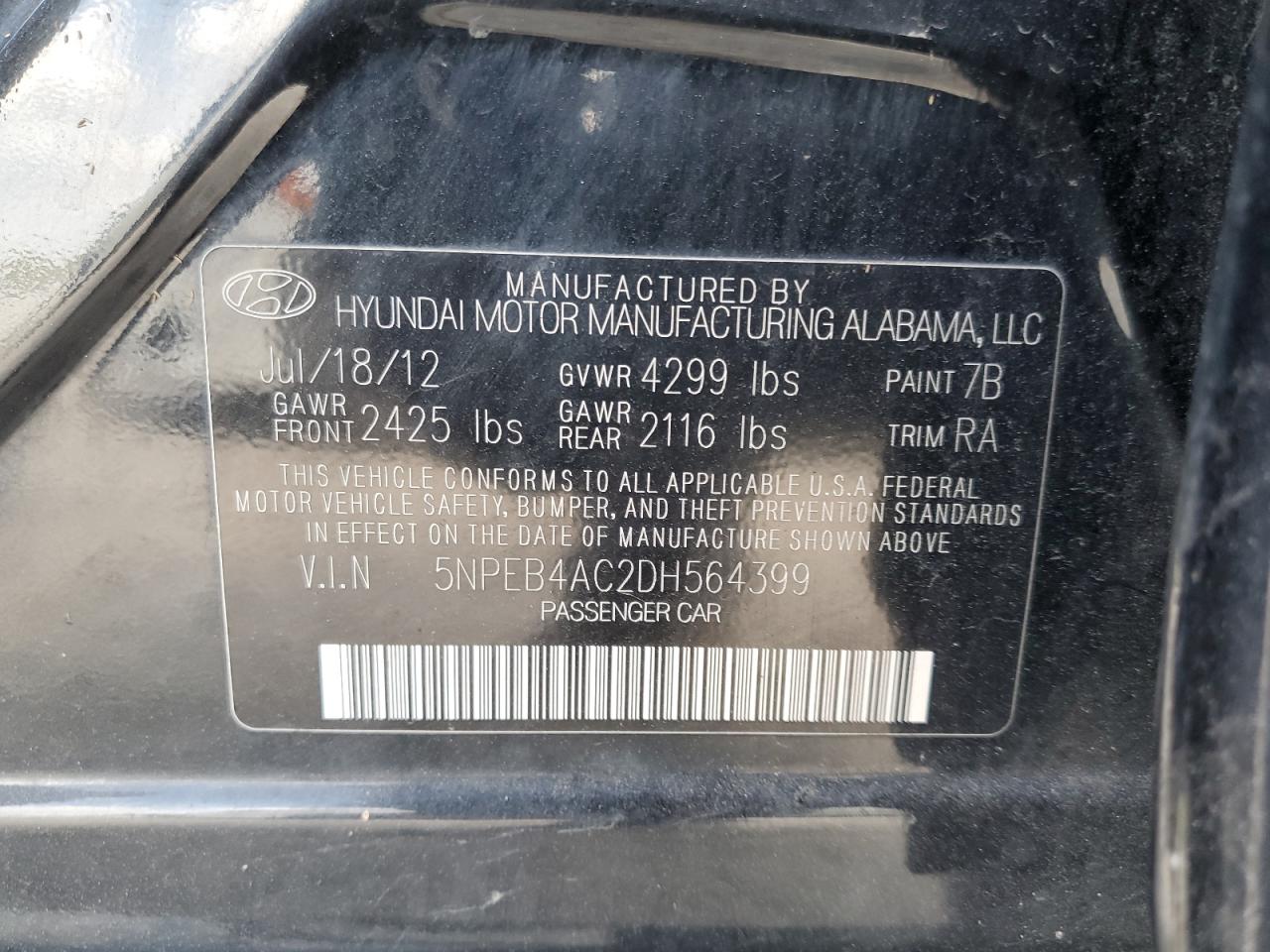 2013 Hyundai Sonata Gls VIN: 5NPEB4AC2DH564399 Lot: 50541054