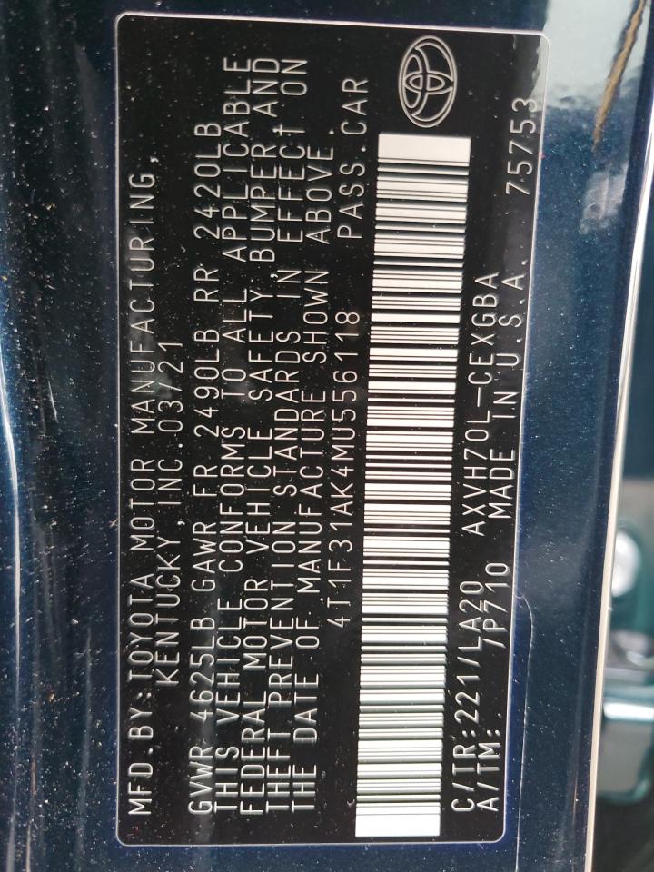 2021 Toyota Camry Xle VIN: 4T1F31AK4MU556118 Lot: 63630084