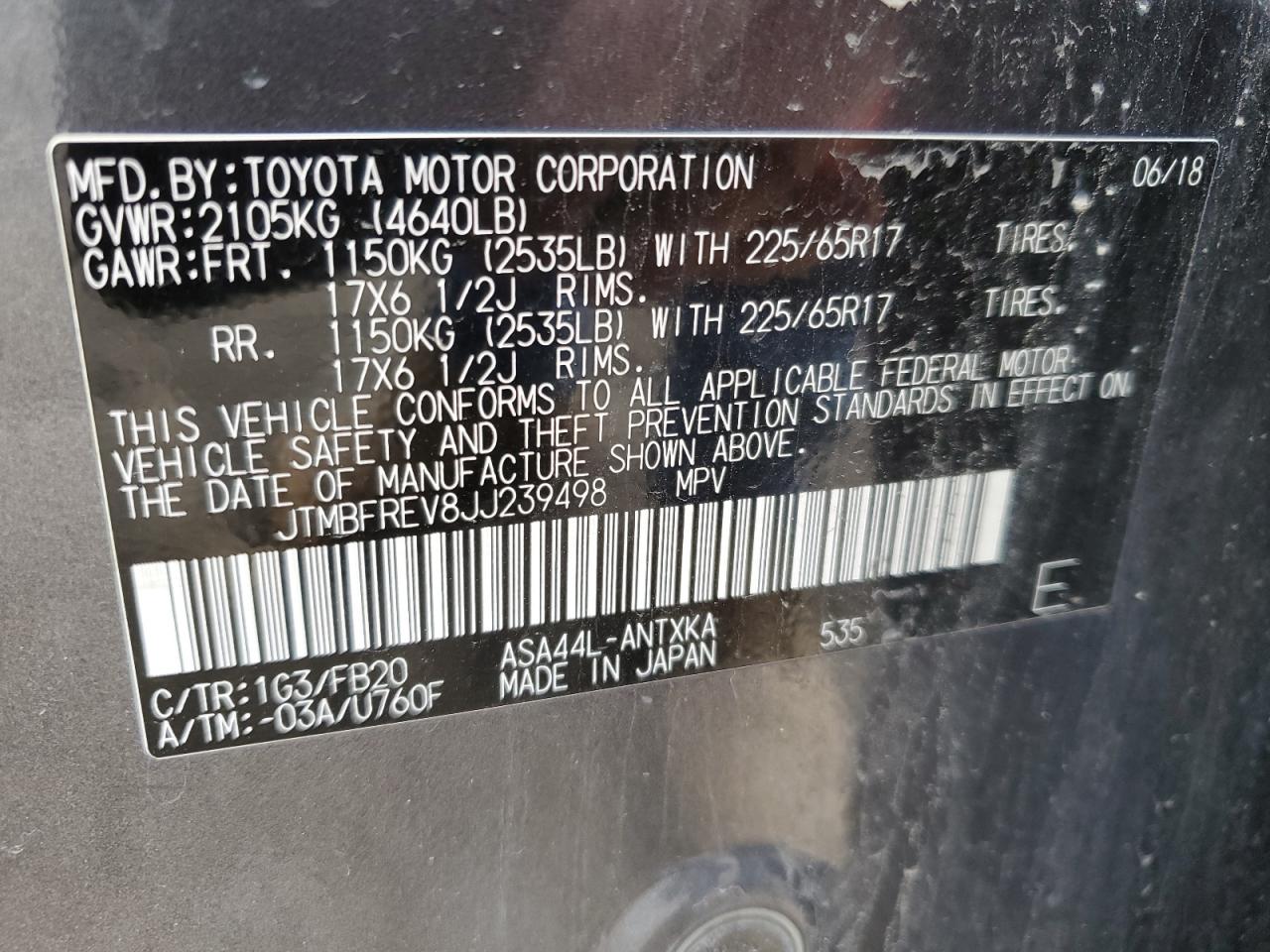 JTMBFREV8JJ239498 2018 Toyota Rav4 Le