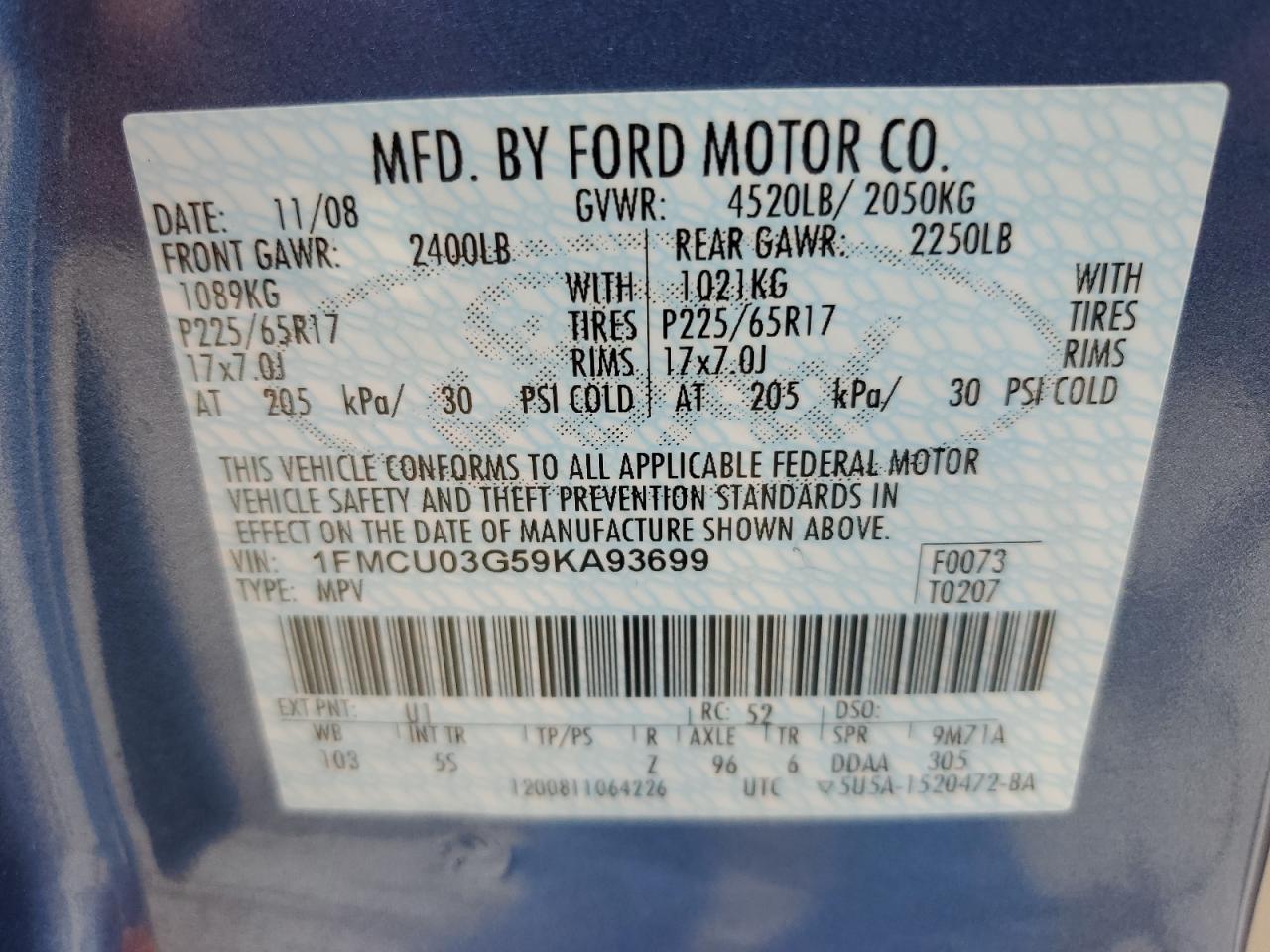 2009 Ford Escape Xlt VIN: 1FMCU03G59KA93699 Lot: 52561974