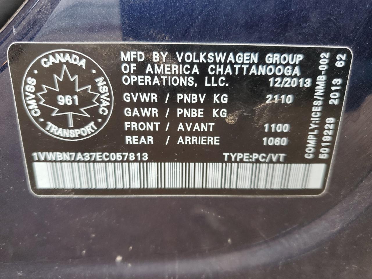 1VWBN7A37EC057813 2014 Volkswagen Passat Se