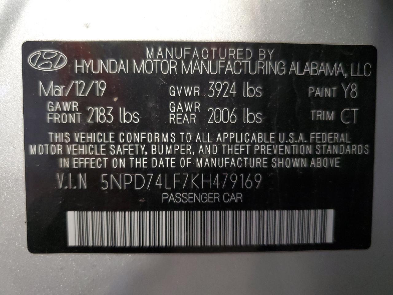 5NPD74LF7KH479169 2019 Hyundai Elantra Se