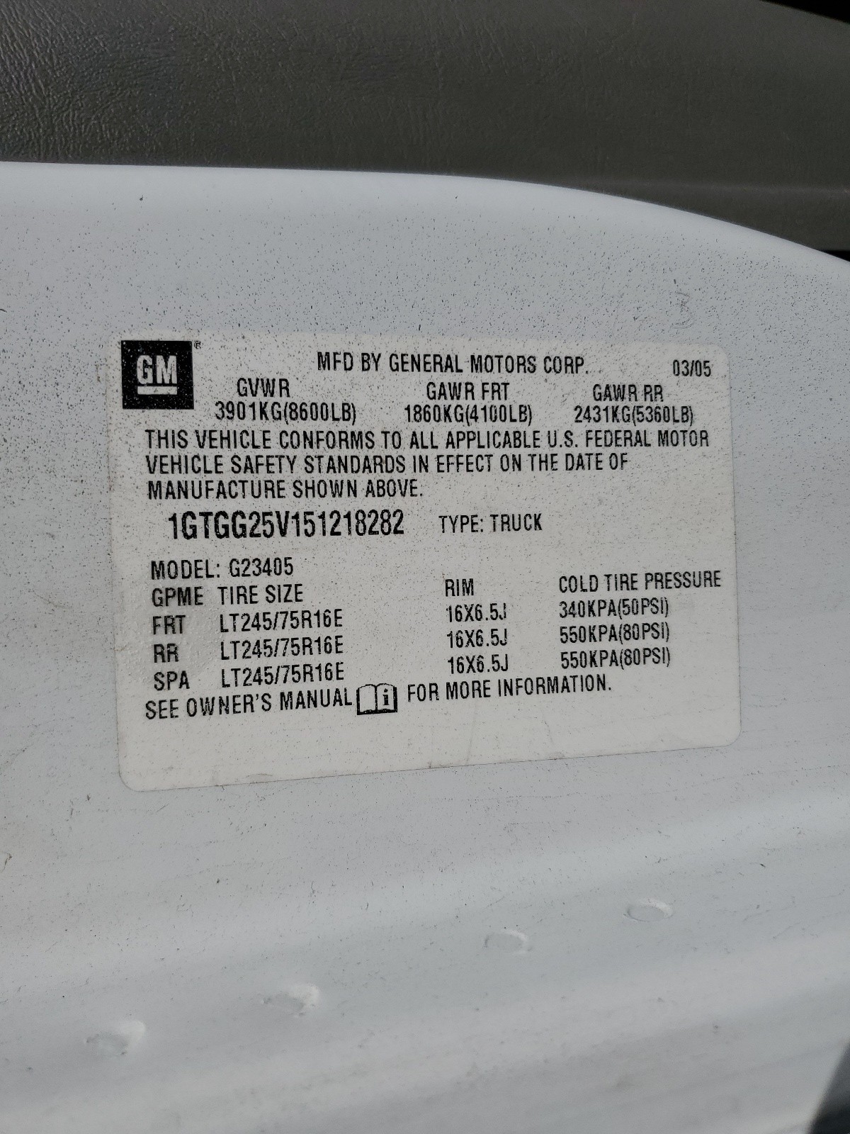 1GTGG25V151218282 2005 GMC Savana G2500