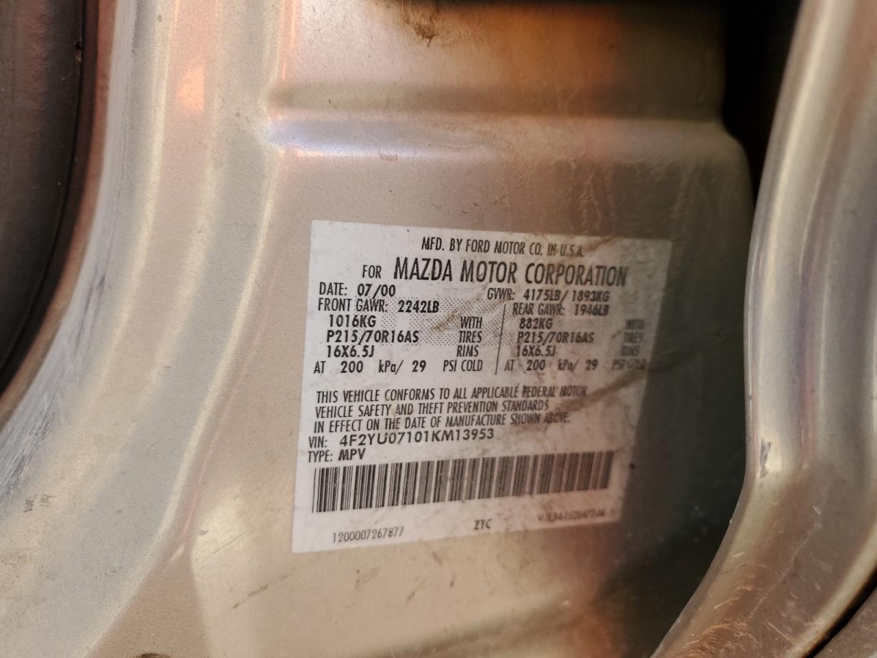 2001 Mazda Tribute Dx VIN: 4F2YU07101KM13953 Lot: 73152284