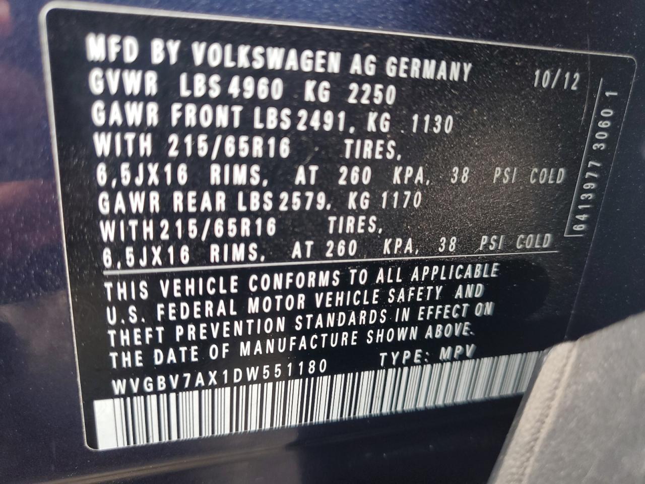 WVGBV7AX1DW551180 2013 Volkswagen Tiguan S