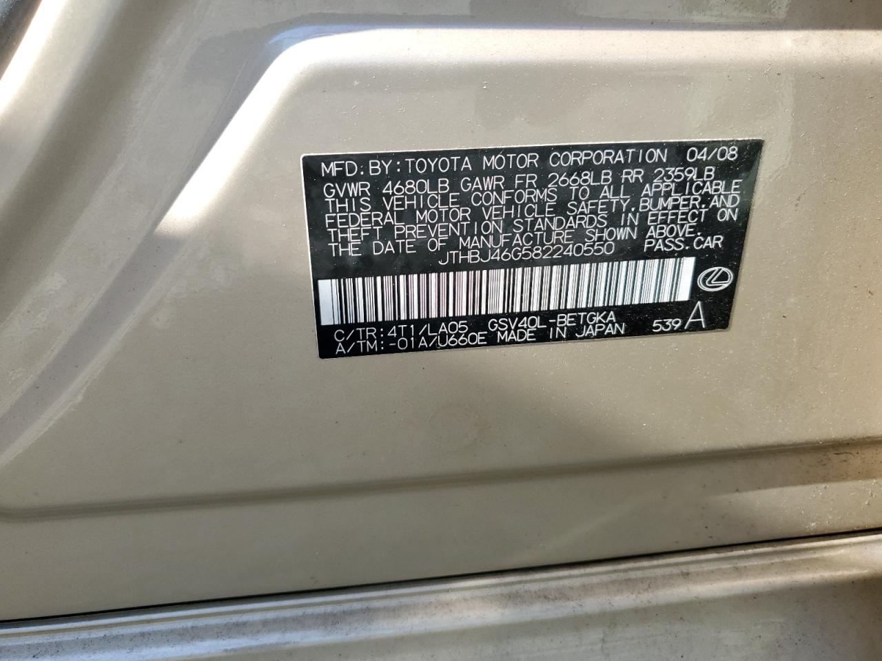 2008 Lexus Es 350 VIN: JTHBJ46G582240550 Lot: 52543454