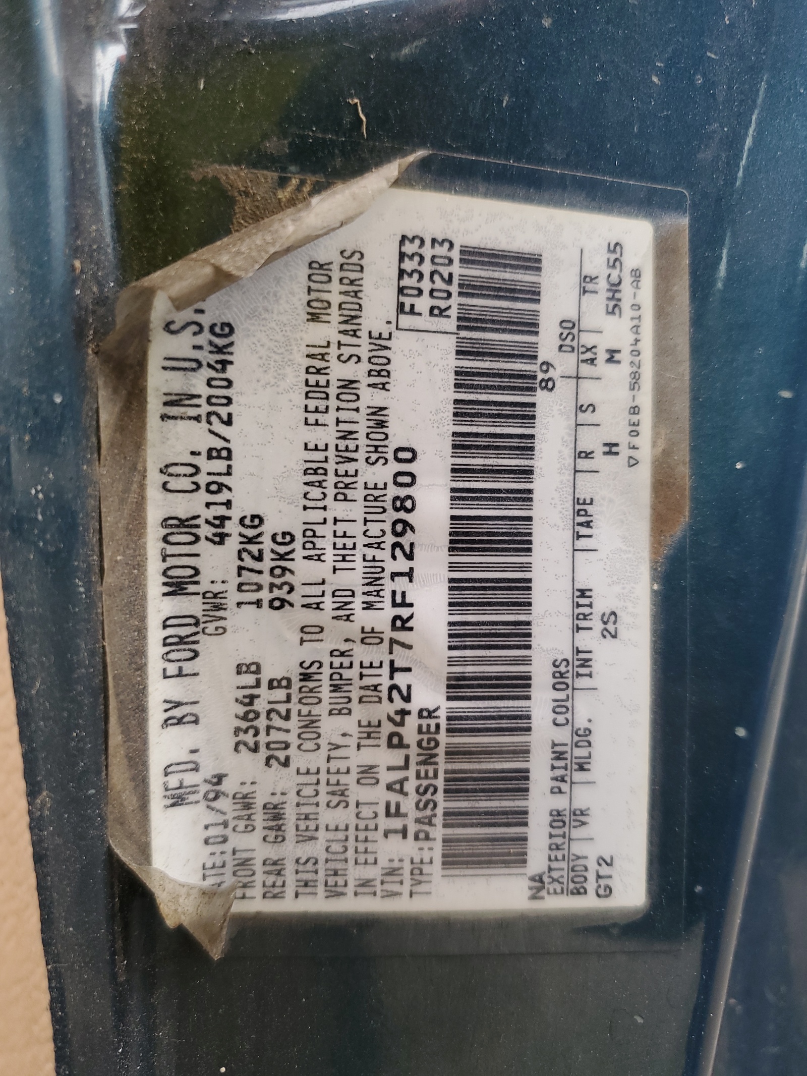 1FALP42T7RF129800 1994 Ford Mustang Gt