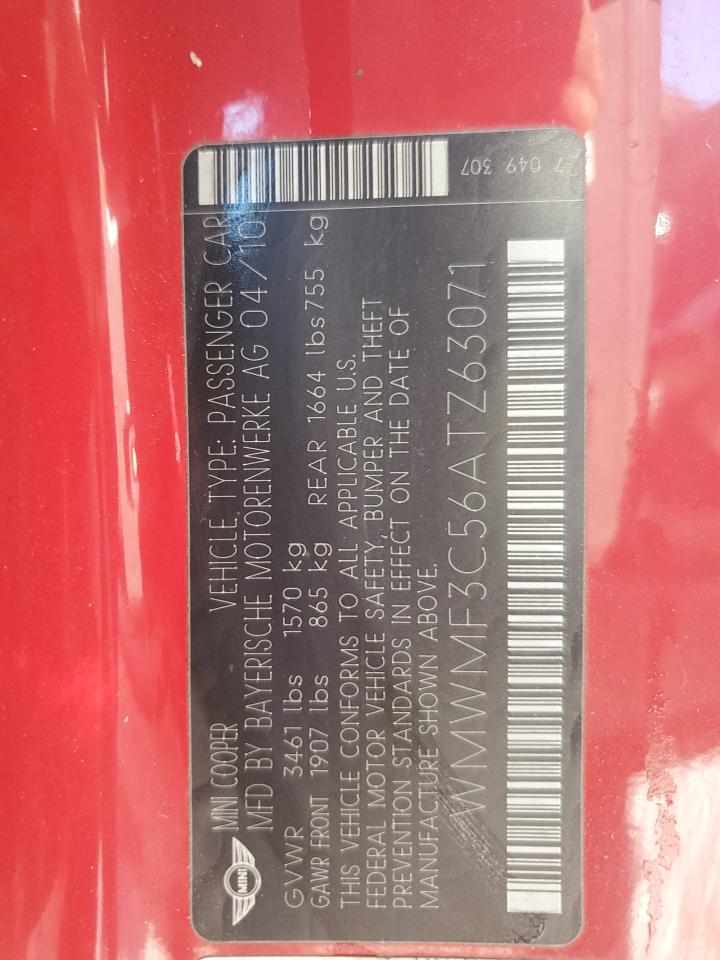 2010 Mini Cooper VIN: WMWMF3C56ATZ63071 Lot: 52681624