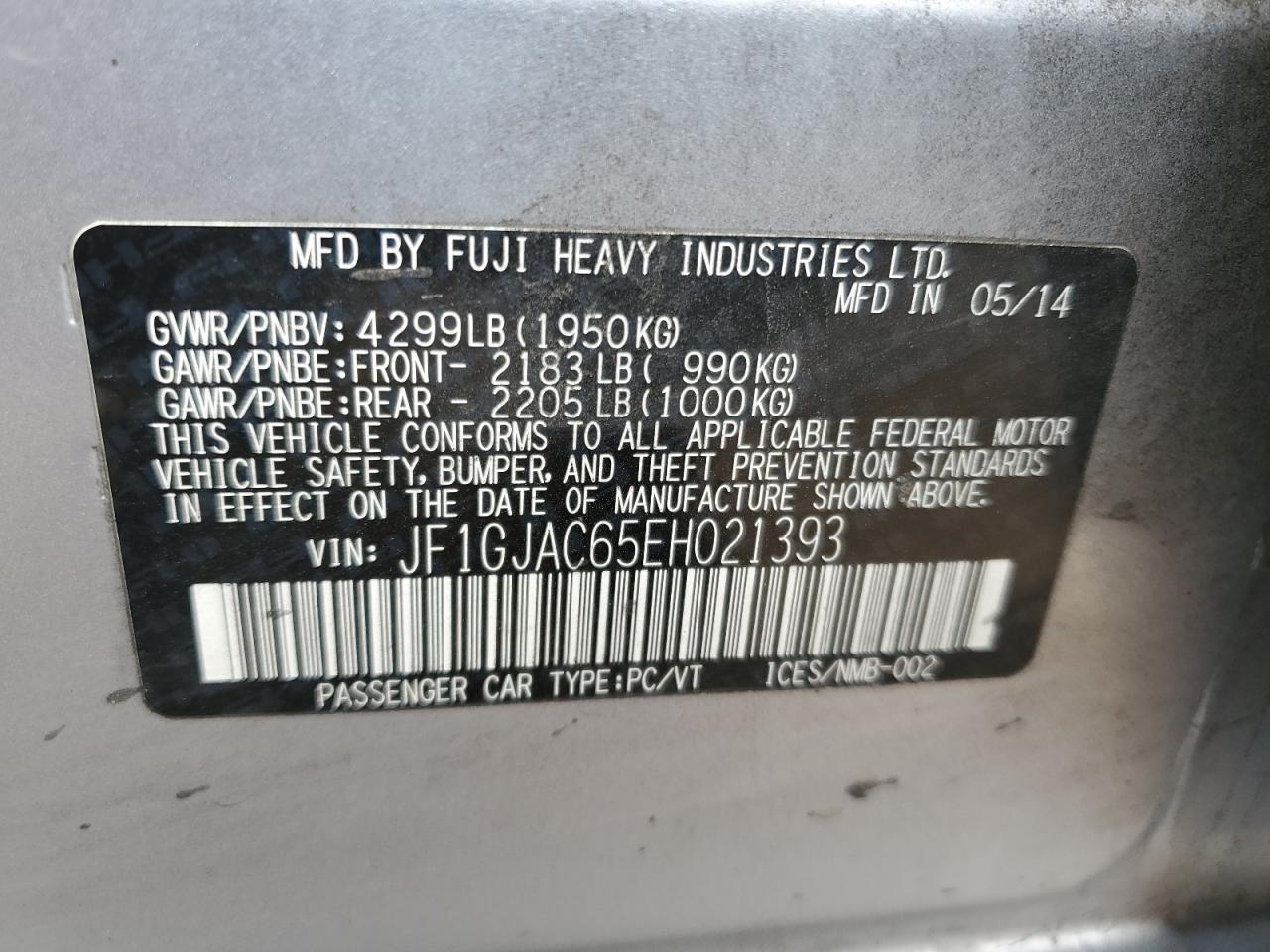 2014 Subaru Impreza Premium VIN: JF1GJAC65EH021393 Lot: 52755834