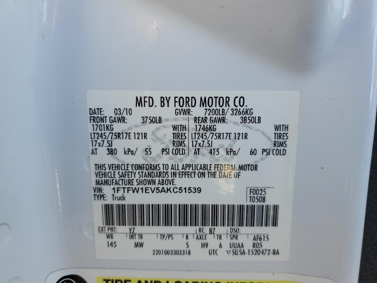 1FTFW1EV5AKC51539 2010 Ford F150 Supercrew