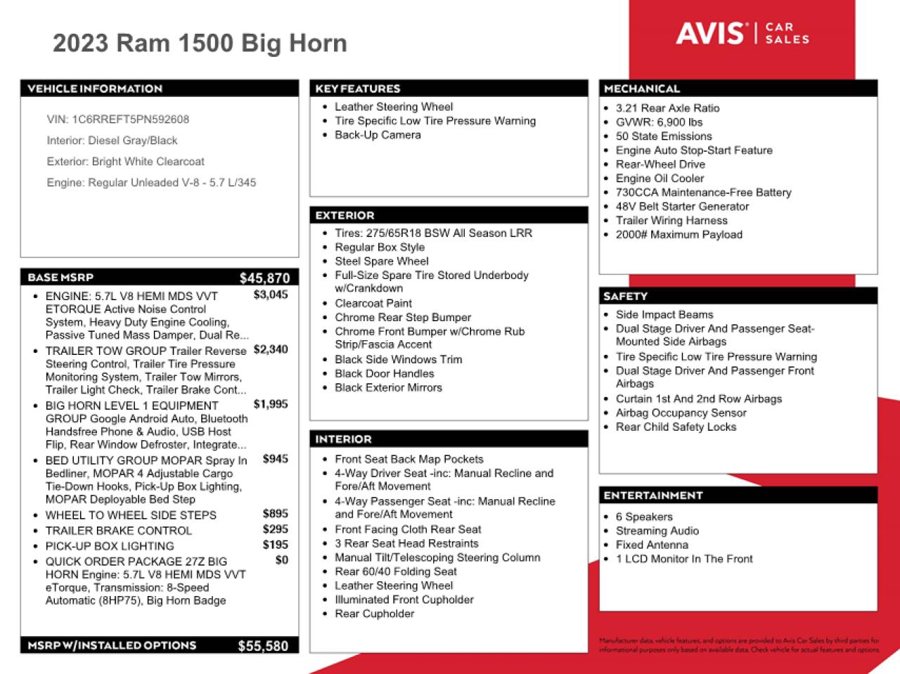 2023 Ram 1500 Big Horn/Lone Star VIN: 1C6RREFT5PN592608 Lot: 44935074