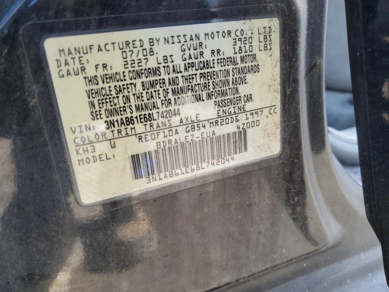 2008 Nissan Sentra 2.0 VIN: 3N1AB61E68L742044 Lot: 62940074