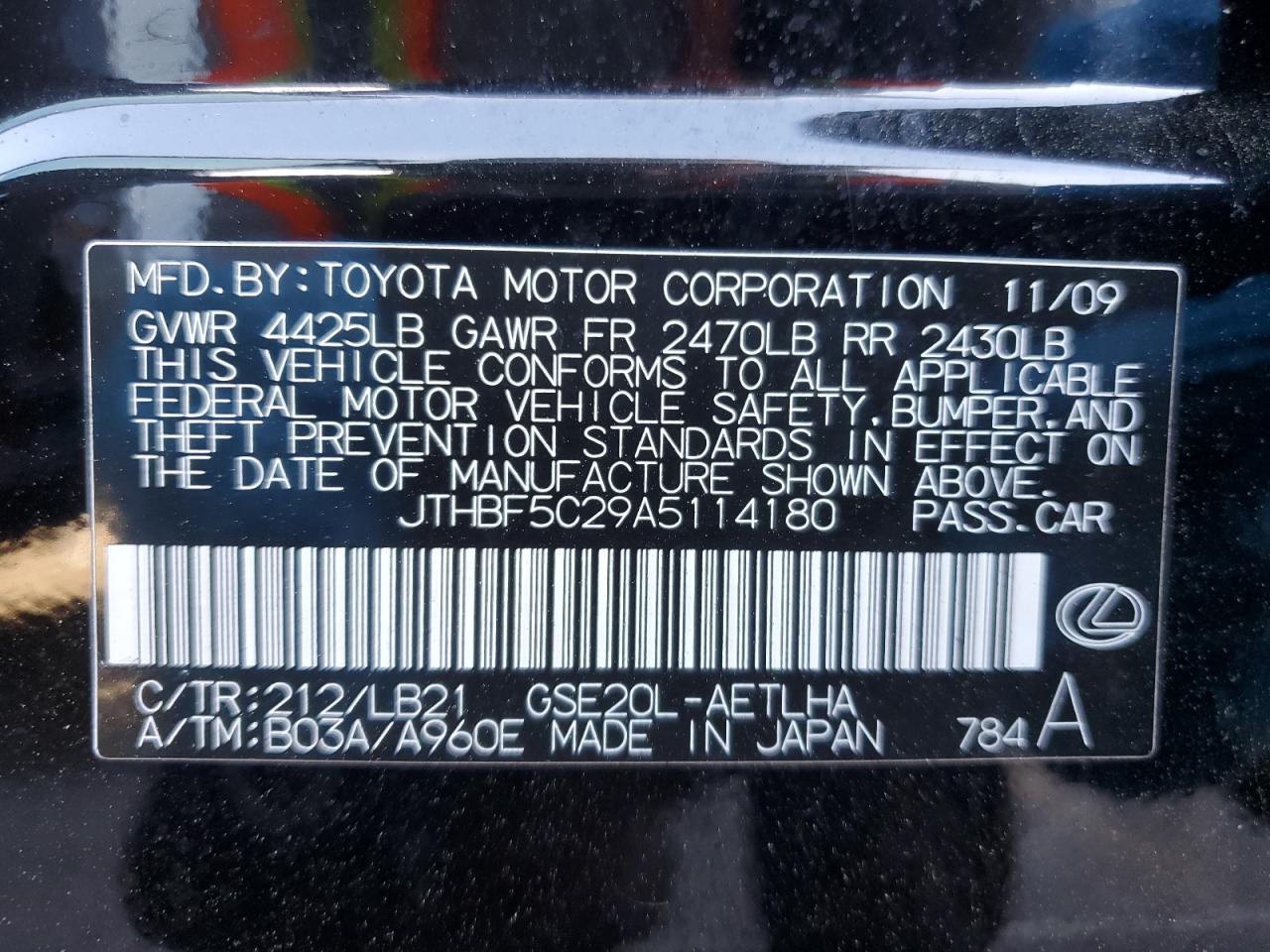 2010 Lexus Is 250 VIN: JTHBF5C29A5114180 Lot: 55210744