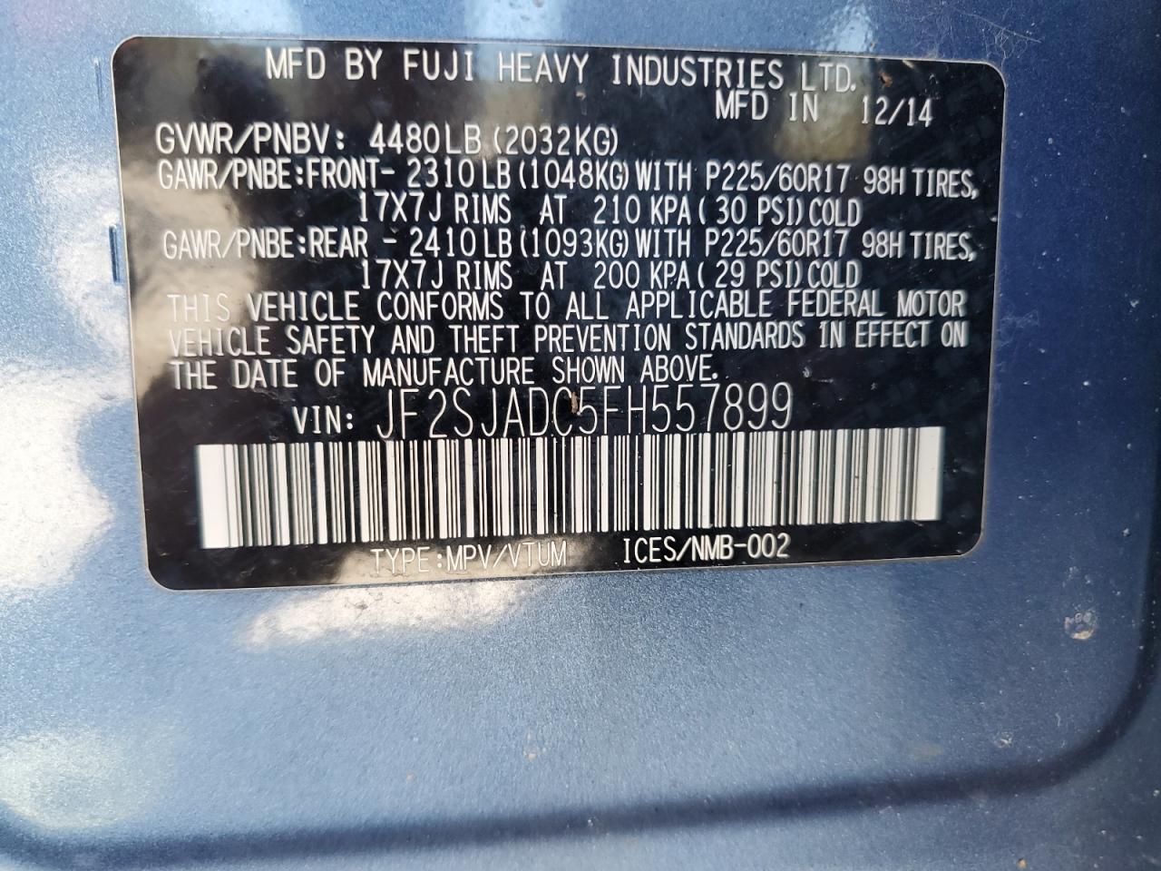 JF2SJADC5FH557899 2015 Subaru Forester 2.5I Premium