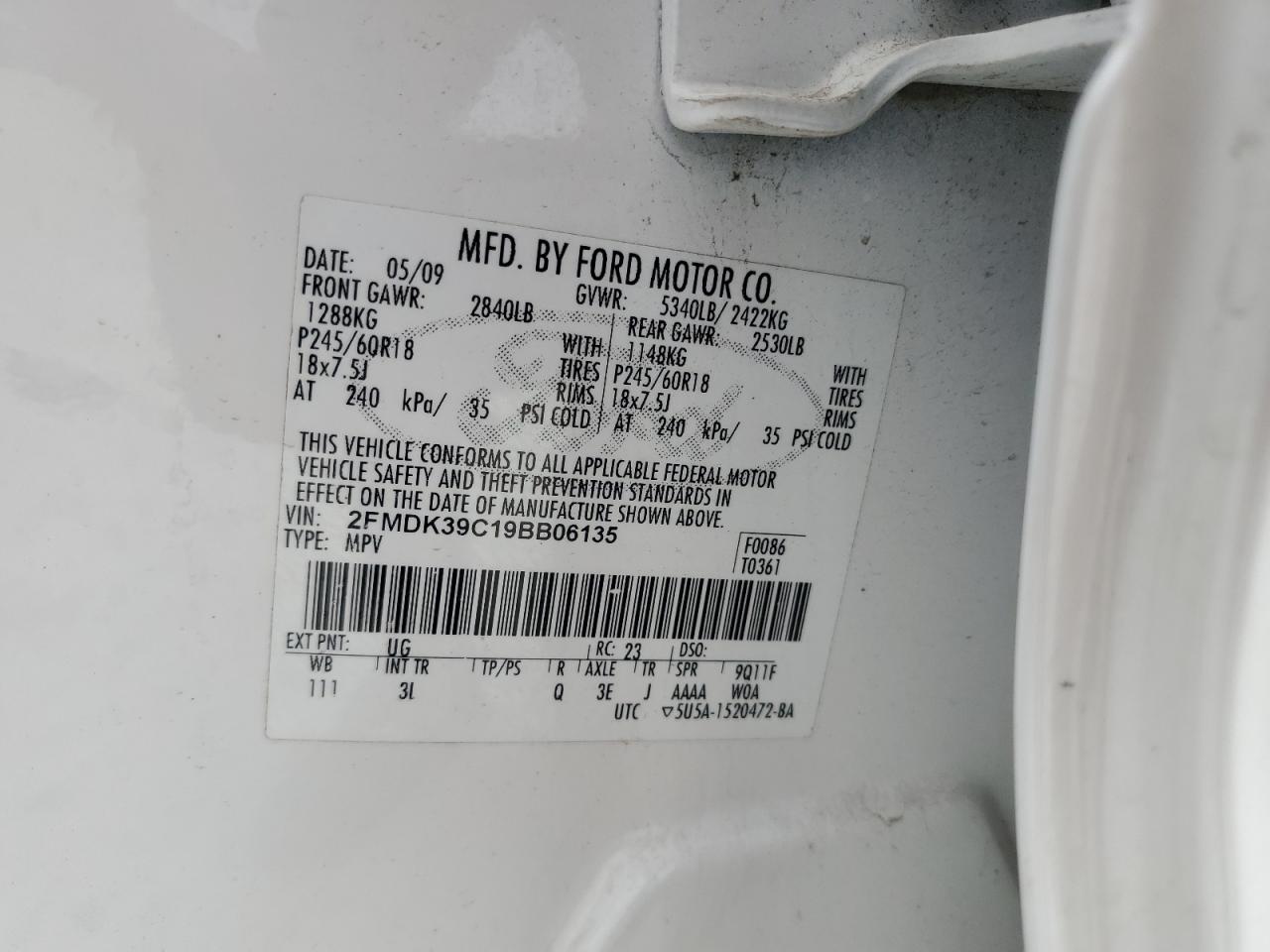 2009 Ford Edge Limited VIN: 2FMDK39C19BB06135 Lot: 49029304