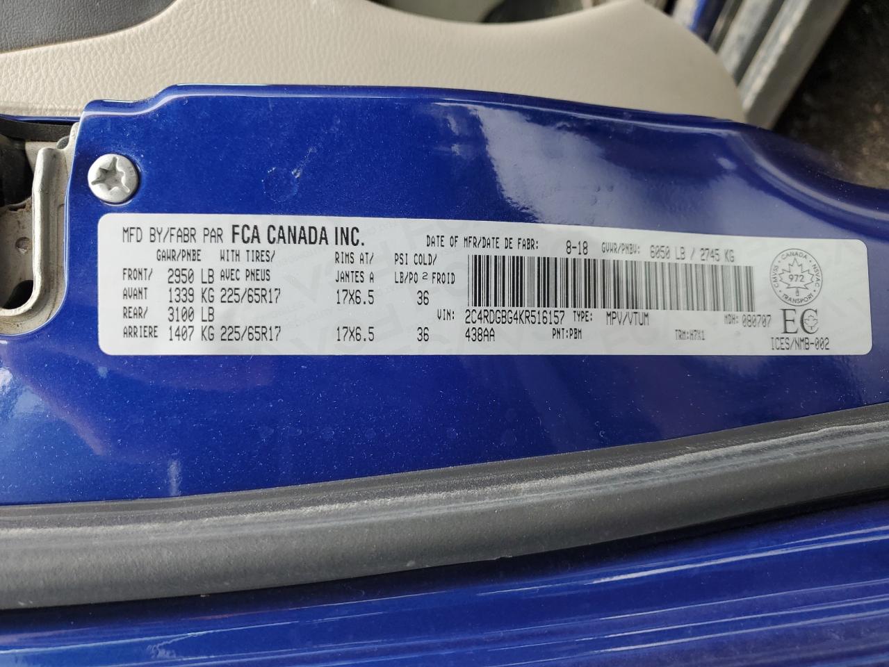 2019 Dodge Grand Caravan Se VIN: 2C4RDGBG4KR516157 Lot: 58994025