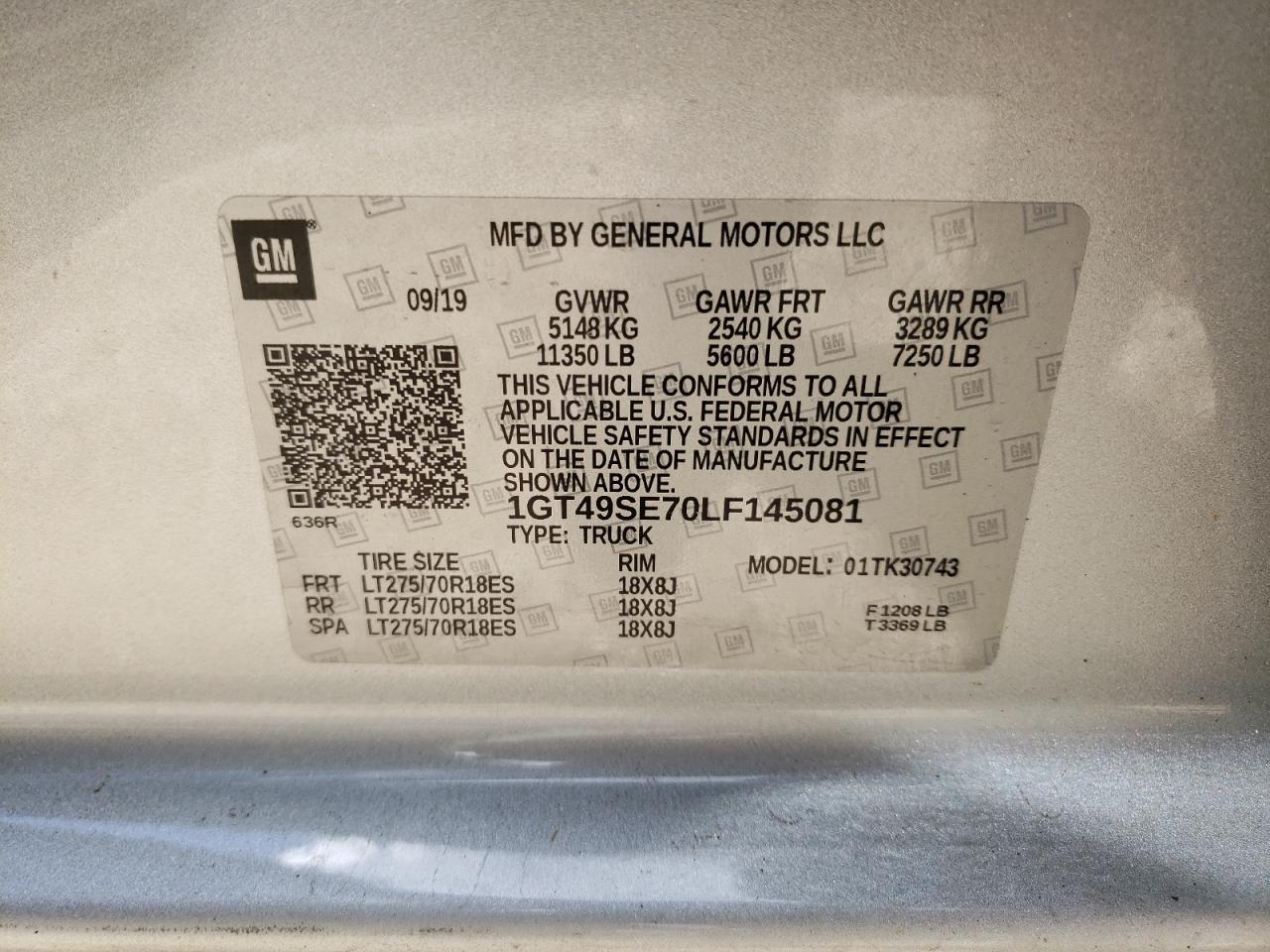 2020 GMC Sierra K3500 VIN: 1GT49SE70LF145081 Lot: 50439914